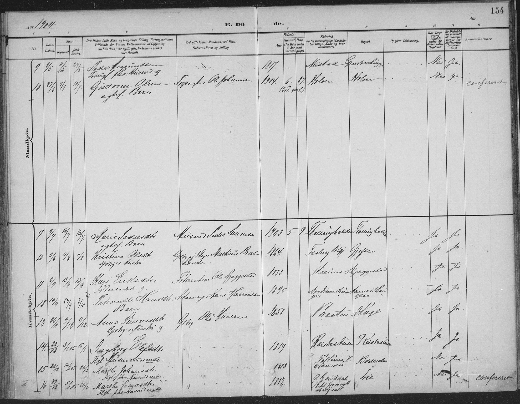 Østre Gausdal prestekontor, AV/SAH-PREST-092/H/Ha/Haa/L0004: Parish register (official) no. 4, 1898-1914, p. 154