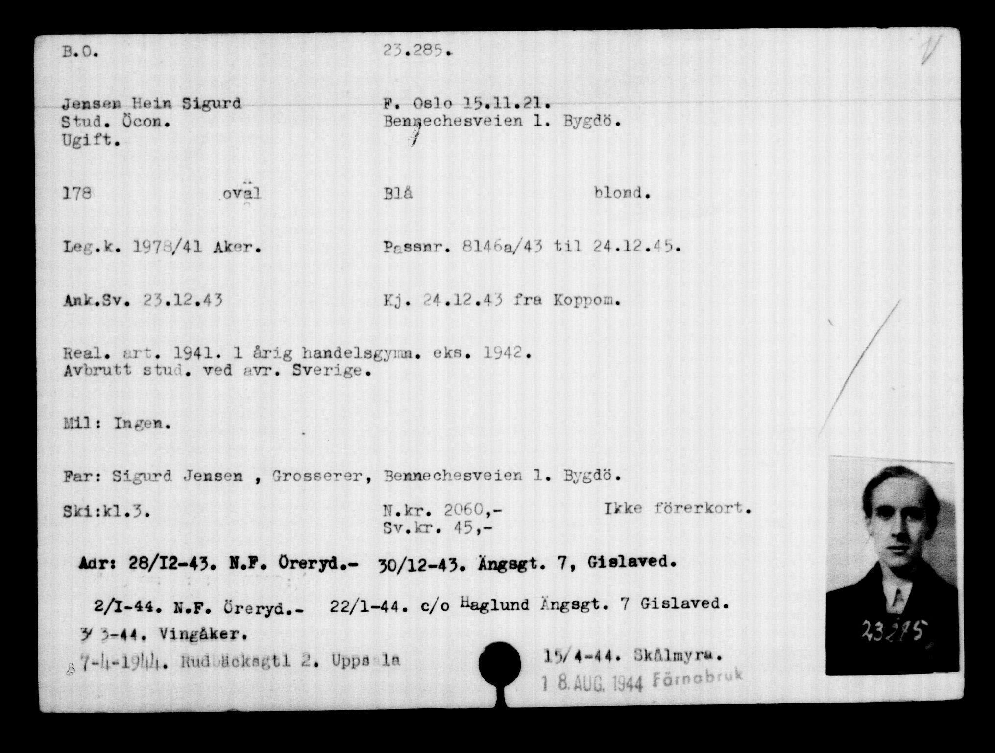 Utenriksstasjonene, Legasjonen i Stockholm, Flyktningkontoret, AV/RA-S-6753/V/Va/L0010: Kjesäterkartoteket, flyktninger med registreringsnr. 22000-25314, 1940-1945, p. 1376