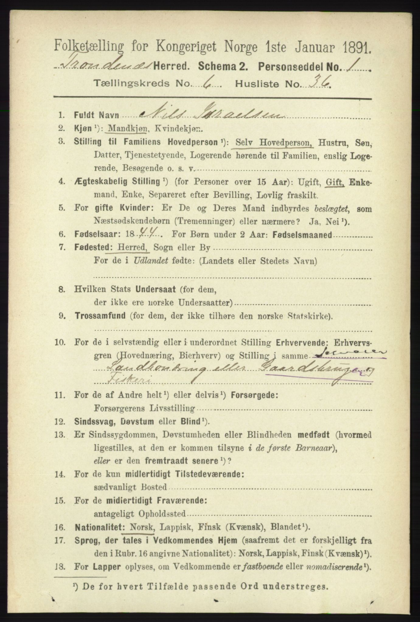 RA, 1891 census for 1914 Trondenes, 1891, p. 4036