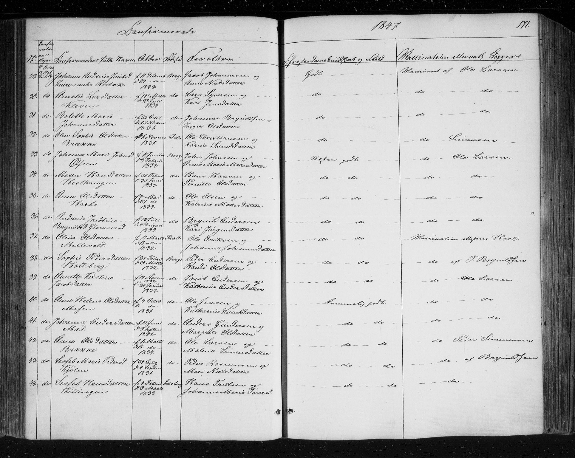 Berg prestekontor Kirkebøker, AV/SAO-A-10902/F/Fa/L0004: Parish register (official) no. I 4, 1843-1860, p. 171