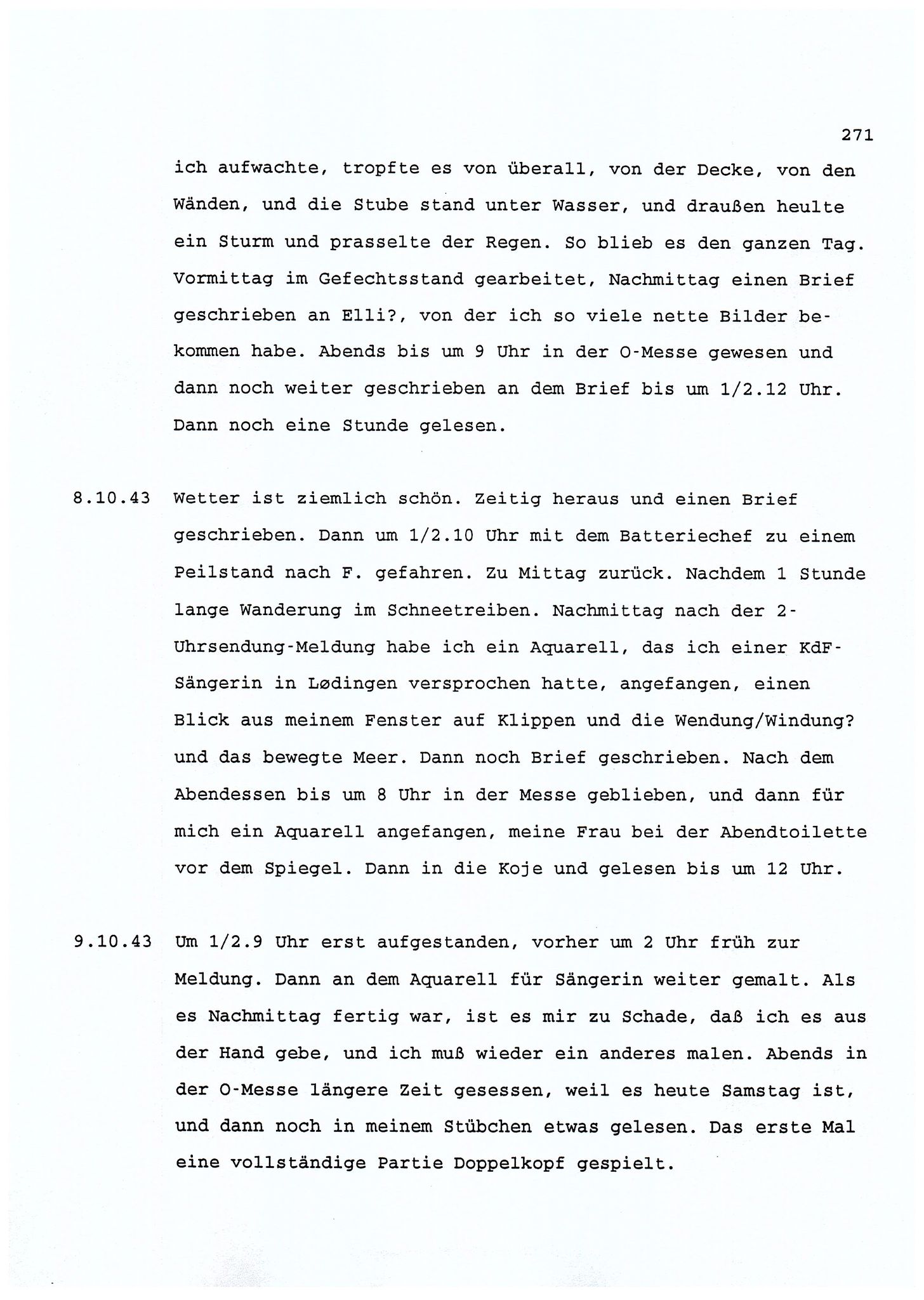 Dagbokopptegnelser av en tysk marineoffiser stasjonert i Norge , FMFB/A-1160/F/L0001: Dagbokopptegnelser av en tysk marineoffiser stasjonert i Norge, 1941-1944, p. 271