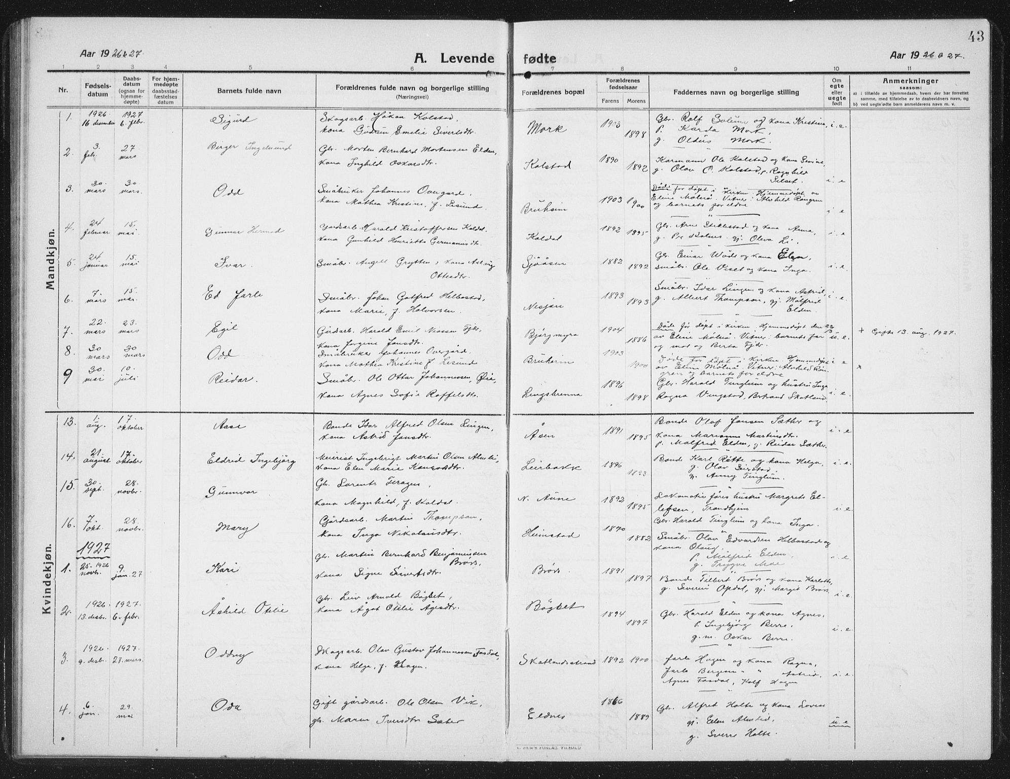 Ministerialprotokoller, klokkerbøker og fødselsregistre - Nord-Trøndelag, SAT/A-1458/742/L0413: Parish register (copy) no. 742C04, 1911-1938, p. 43