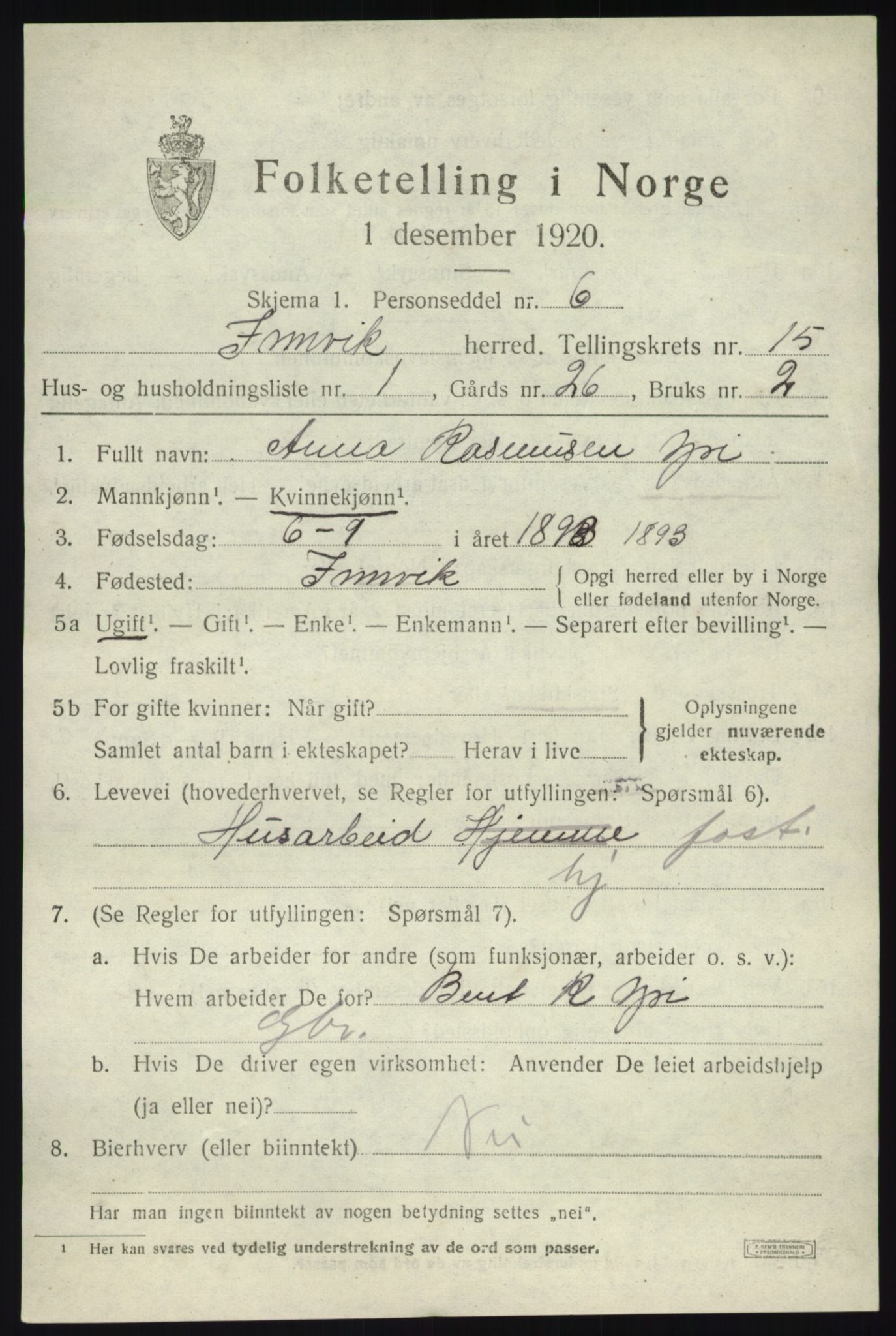 SAB, 1920 census for Innvik, 1920, p. 6123