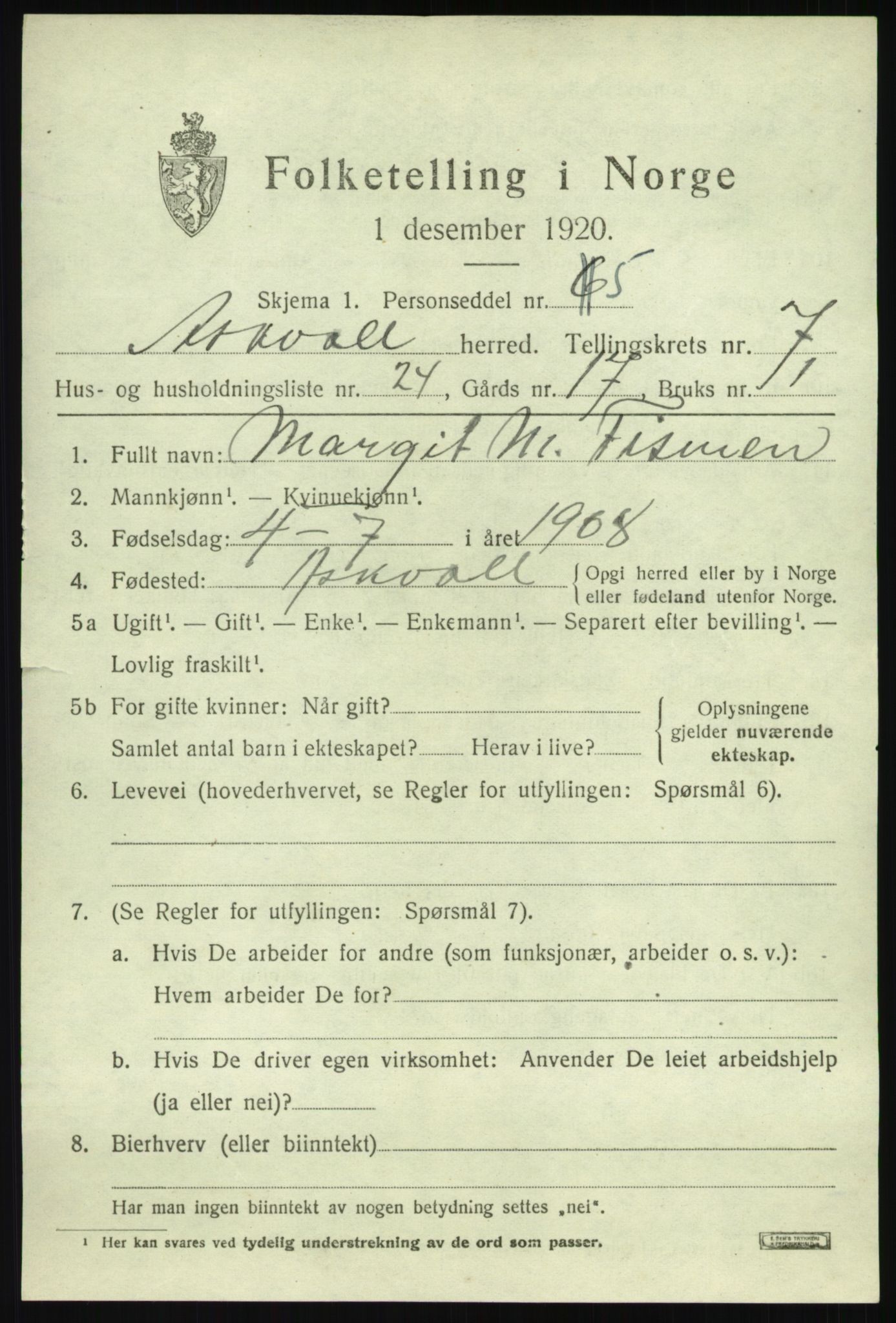 SAB, 1920 census for Askvoll, 1920, p. 3580