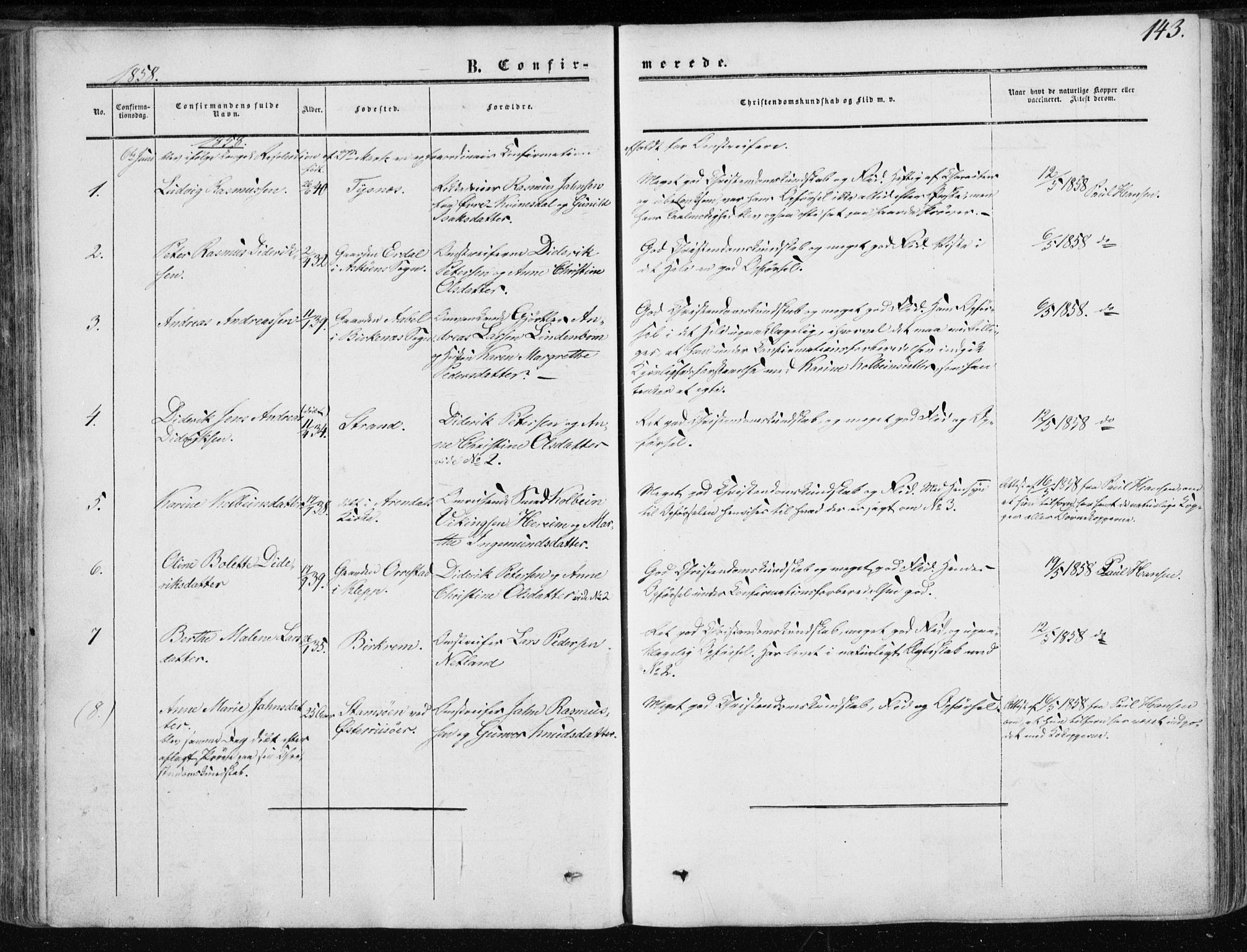 Klepp sokneprestkontor, AV/SAST-A-101803/001/3/30BA/L0005: Parish register (official) no. A 5, 1853-1870, p. 143