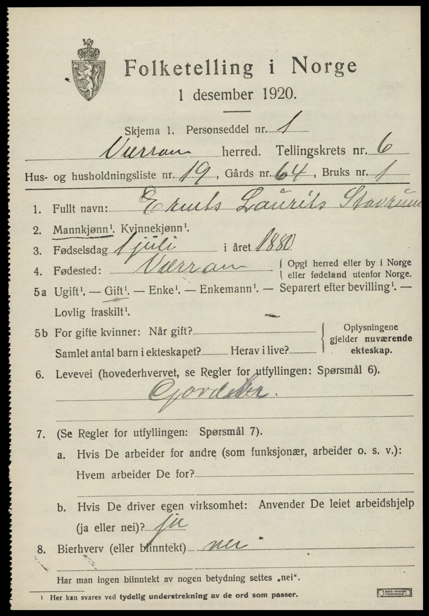 SAT, 1920 census for Verran, 1920, p. 2464