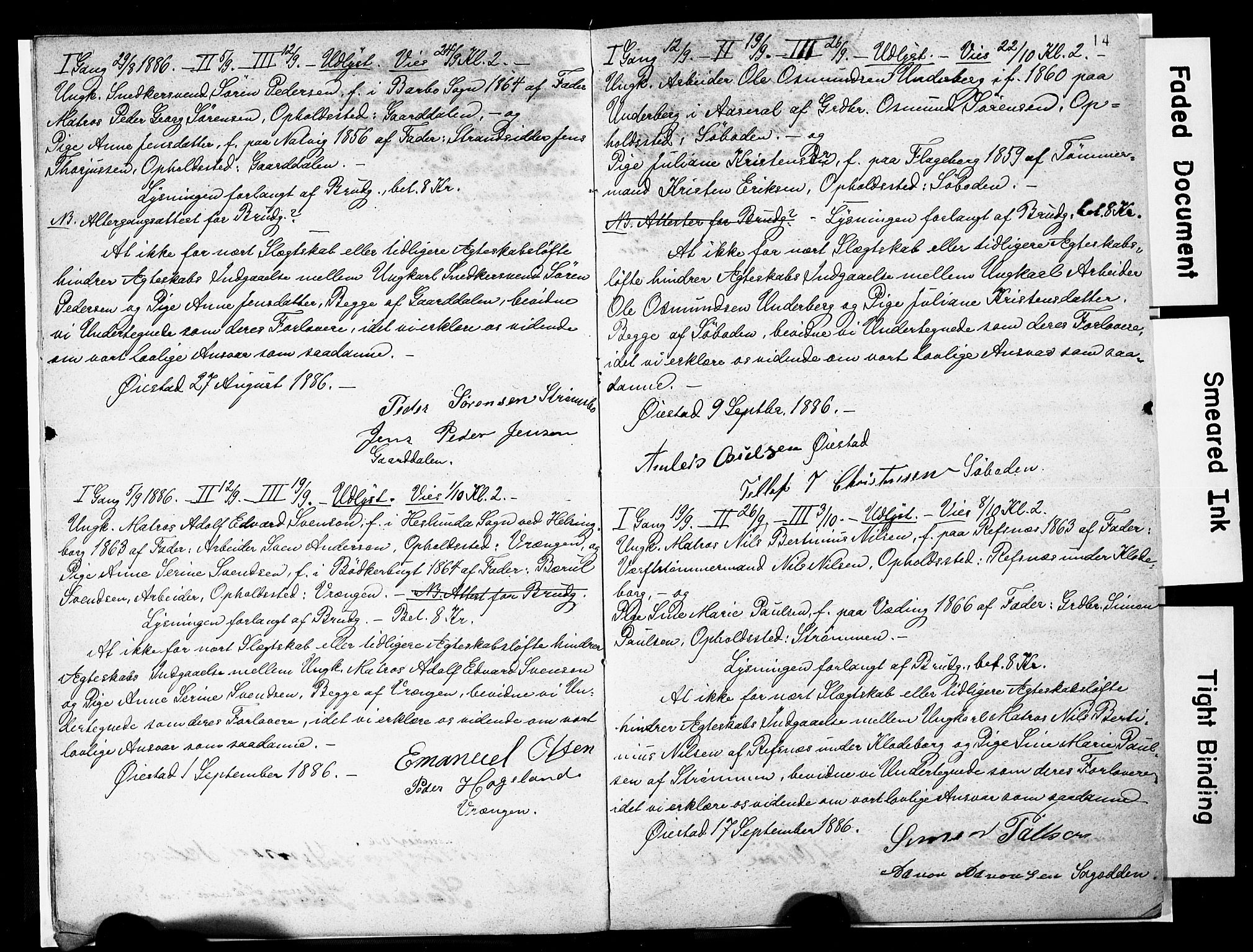 Øyestad sokneprestkontor, AV/SAK-1111-0049/F/Fe/L0004: Best man's statements no. A VI 22, 1885-1886, p. 14