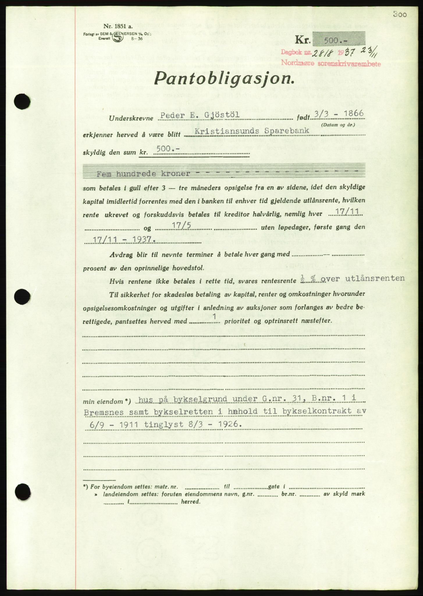 Nordmøre sorenskriveri, AV/SAT-A-4132/1/2/2Ca/L0092: Mortgage book no. B82, 1937-1938, Diary no: : 2818/1937