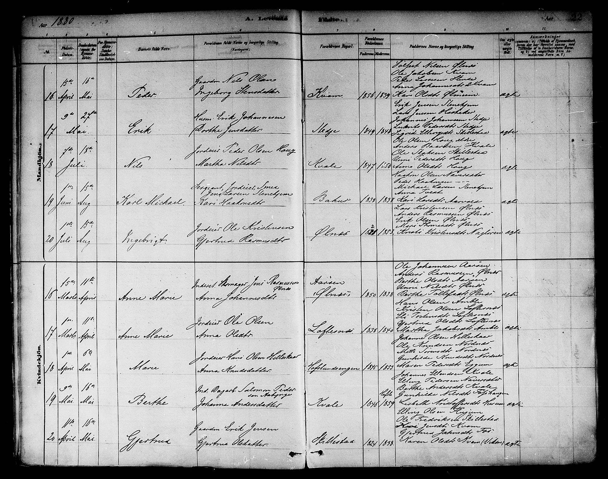 Sogndal sokneprestembete, AV/SAB-A-81301/H/Haa/Haab/L0001: Parish register (official) no. B 1, 1878-1899, p. 22