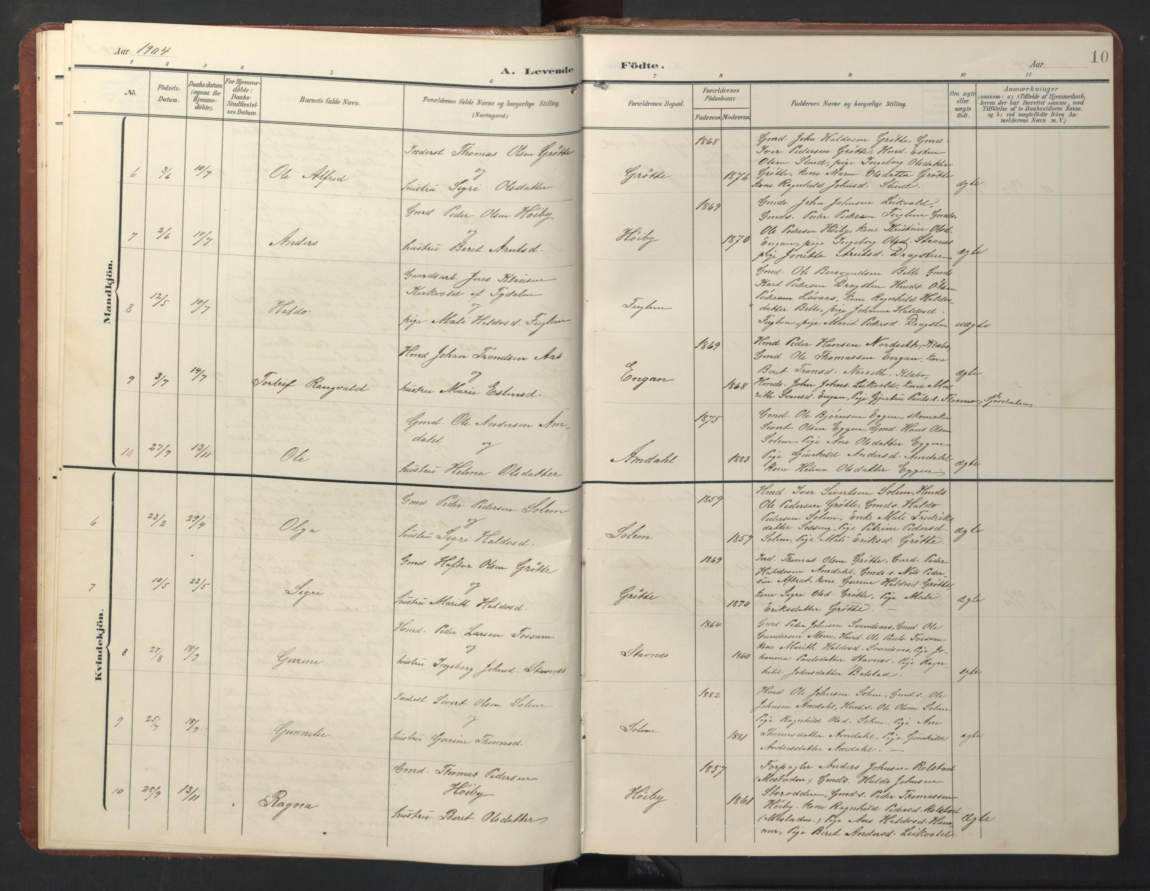Ministerialprotokoller, klokkerbøker og fødselsregistre - Sør-Trøndelag, SAT/A-1456/696/L1161: Parish register (copy) no. 696C01, 1902-1950, p. 10
