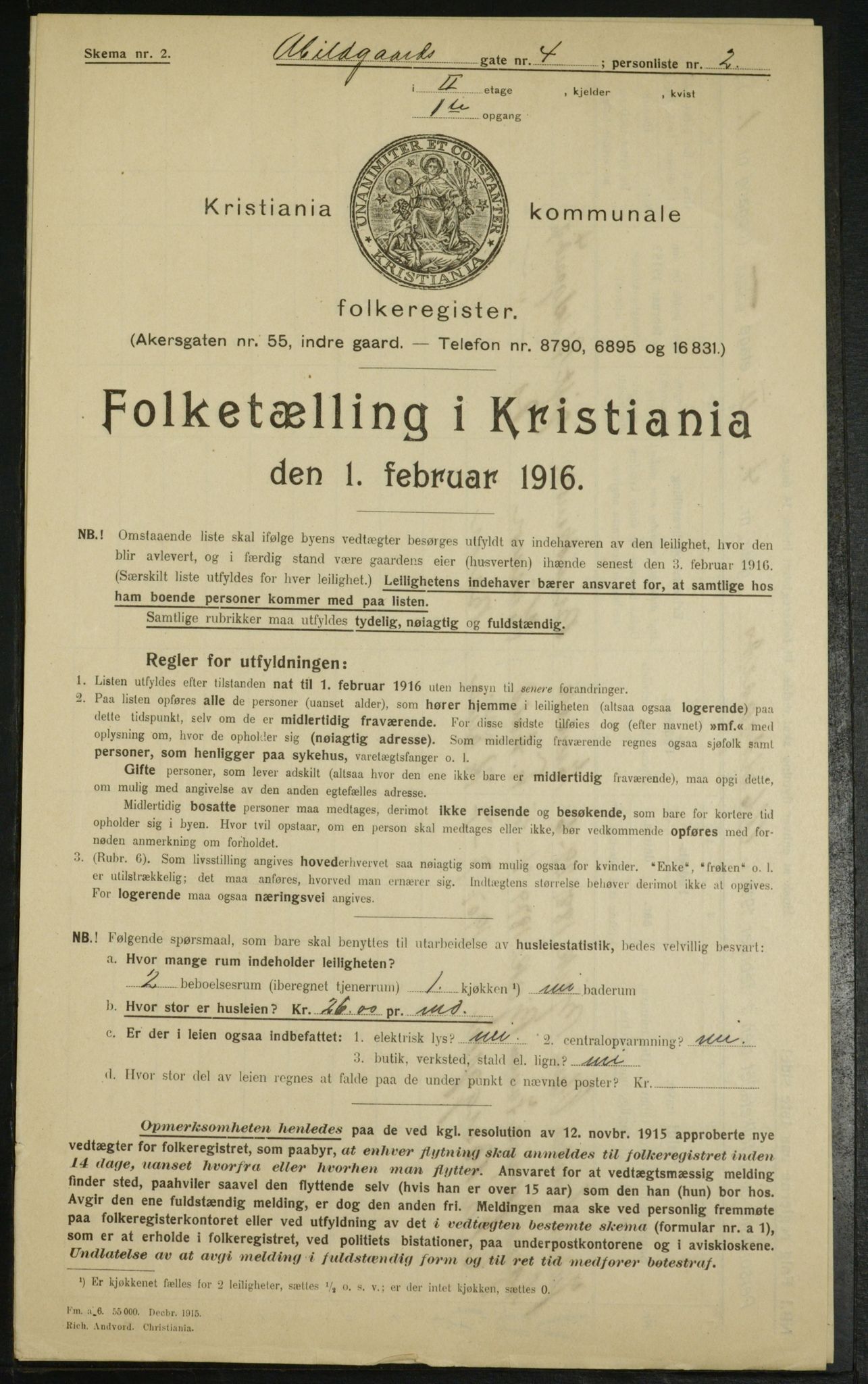 OBA, Municipal Census 1916 for Kristiania, 1916, p. 20