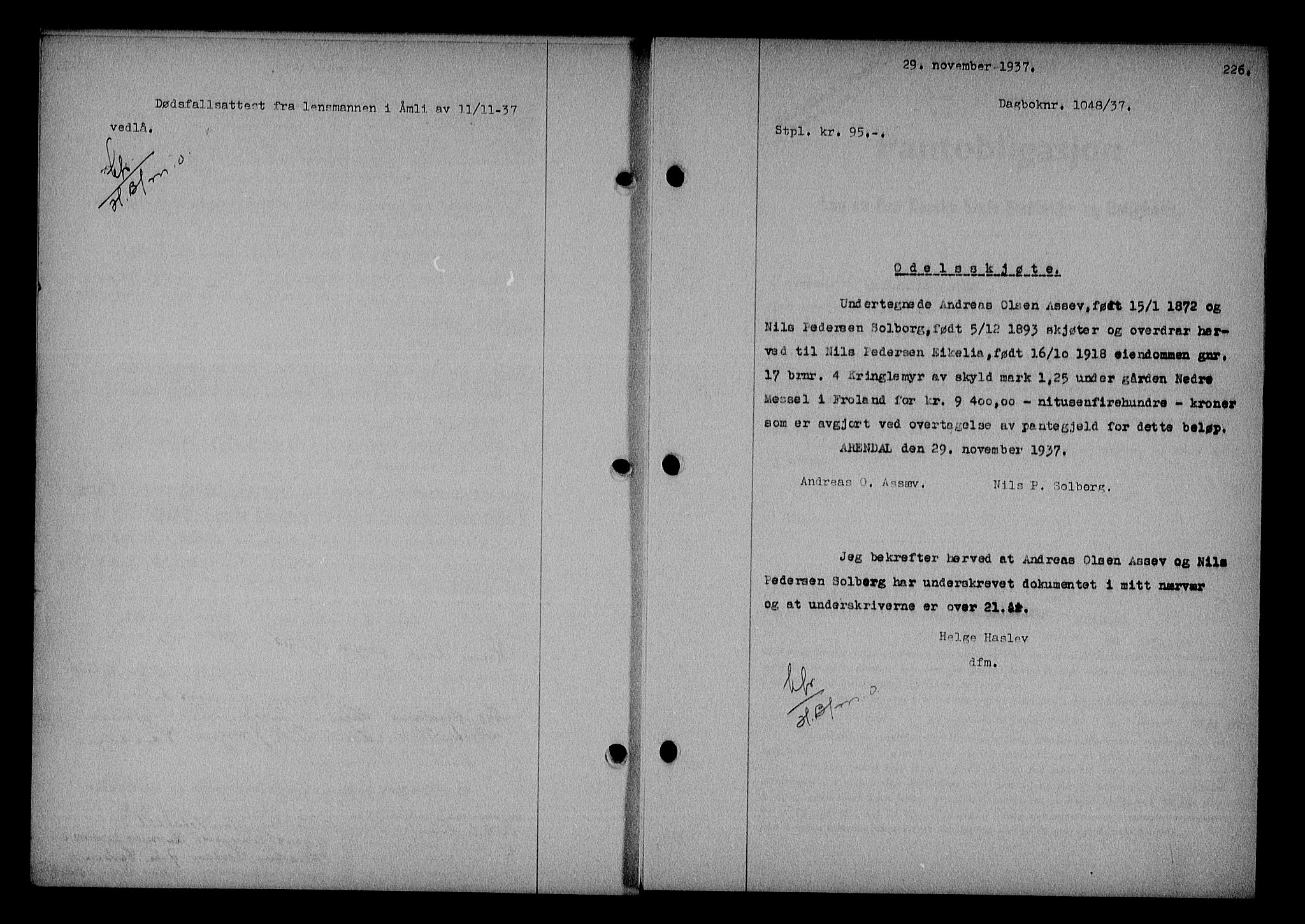 Nedenes sorenskriveri, SAK/1221-0006/G/Gb/Gba/L0044: Mortgage book no. 40, 1937-1938, Diary no: : 1048/1937