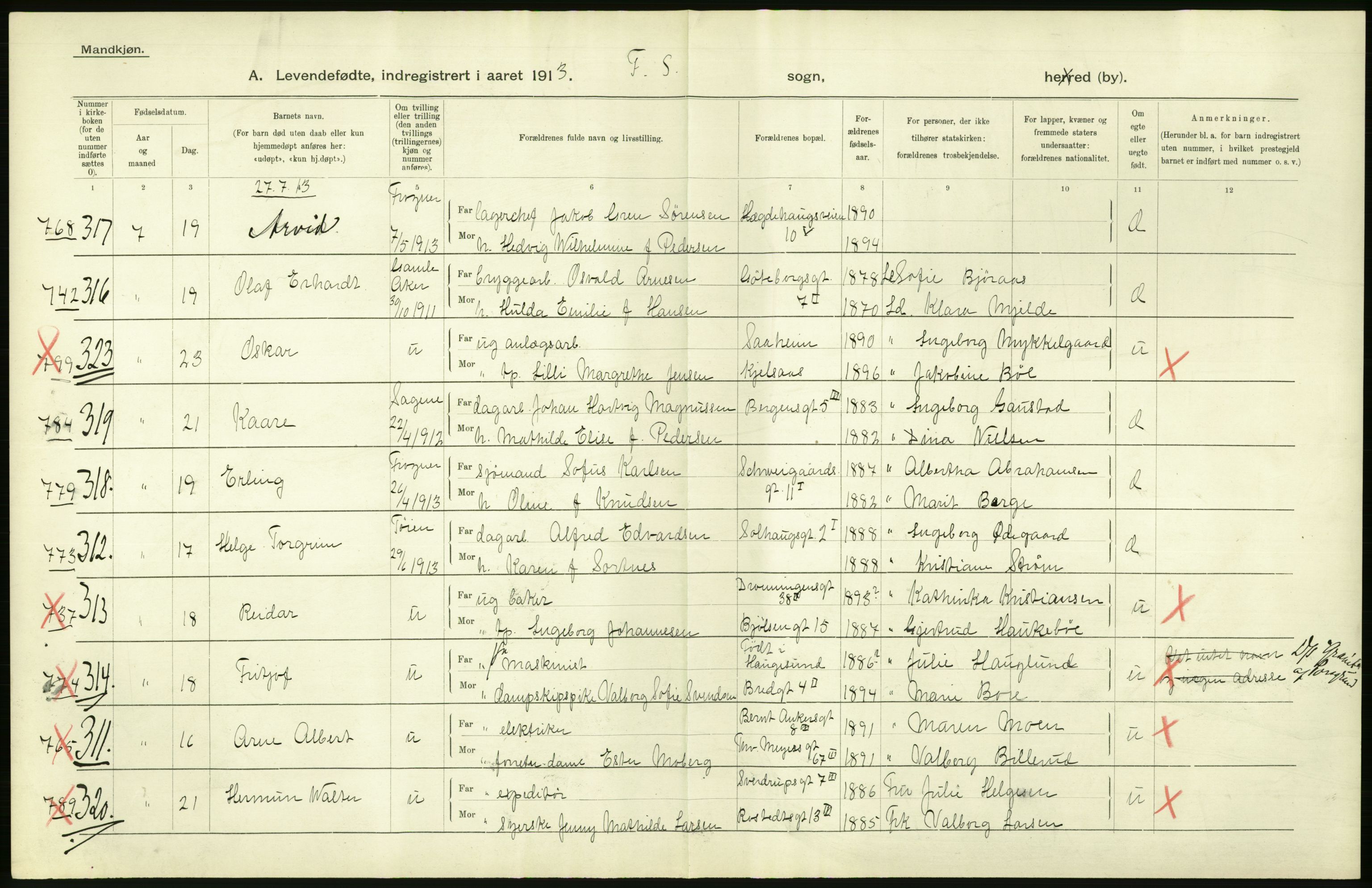 Statistisk sentralbyrå, Sosiodemografiske emner, Befolkning, AV/RA-S-2228/D/Df/Dfb/Dfbc/L0007: Kristiania: Levendefødte menn og kvinner., 1913, p. 66