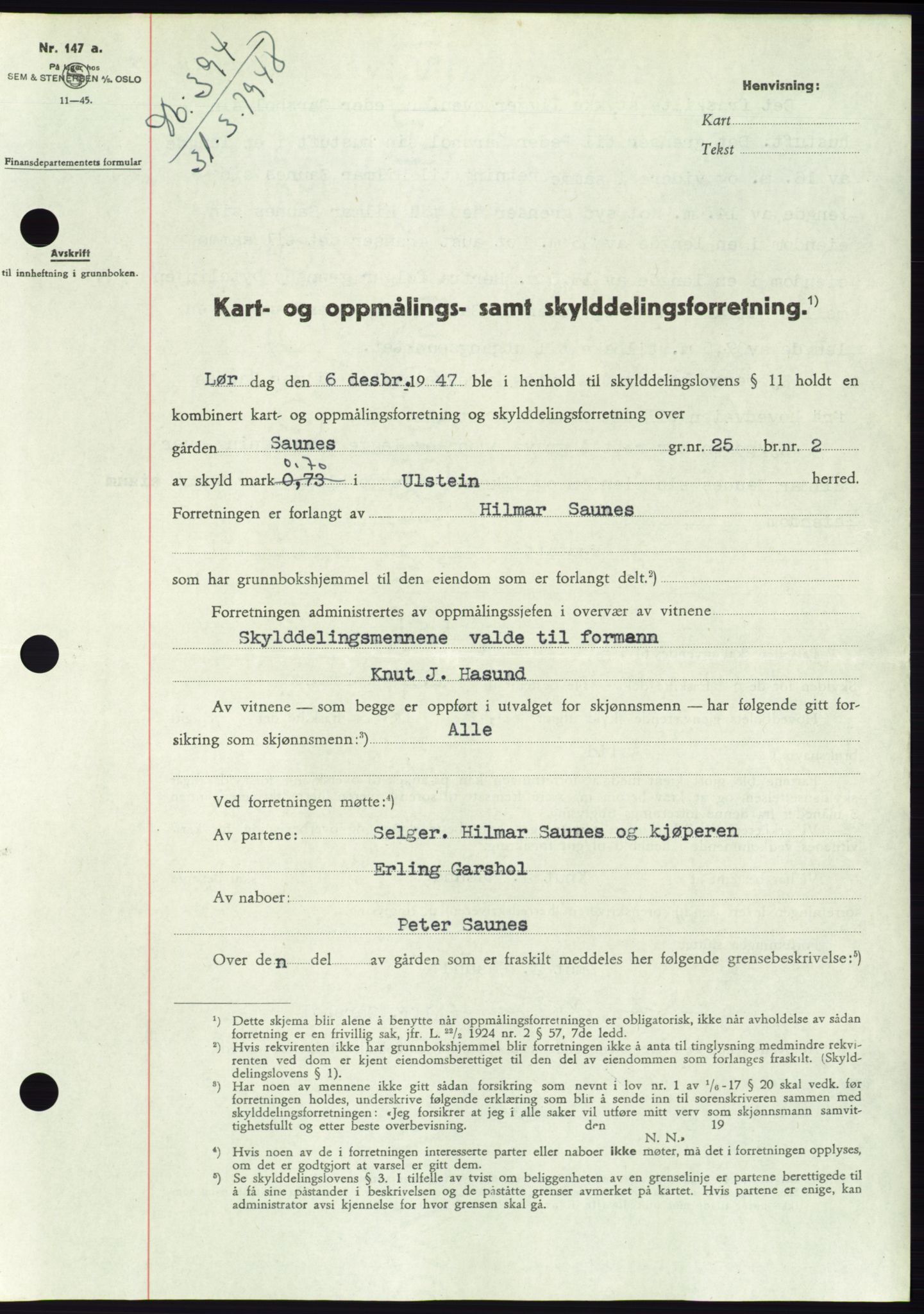 Søre Sunnmøre sorenskriveri, AV/SAT-A-4122/1/2/2C/L0082: Mortgage book no. 8A, 1948-1948, Diary no: : 394/1948