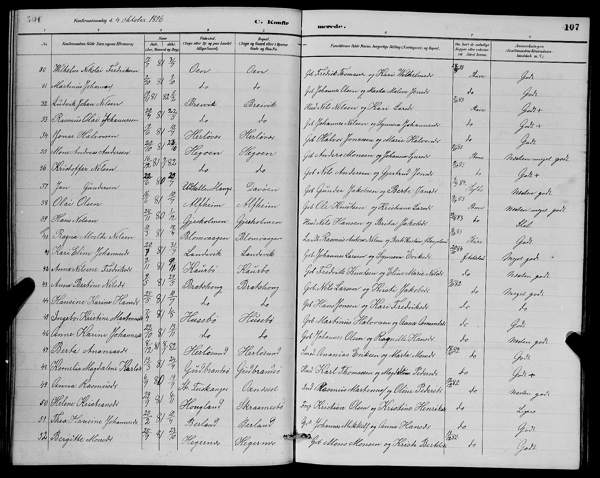 Herdla Sokneprestembete, SAB/A-75701/H/Hab: Parish register (copy) no. A 3, 1889-1899, p. 107