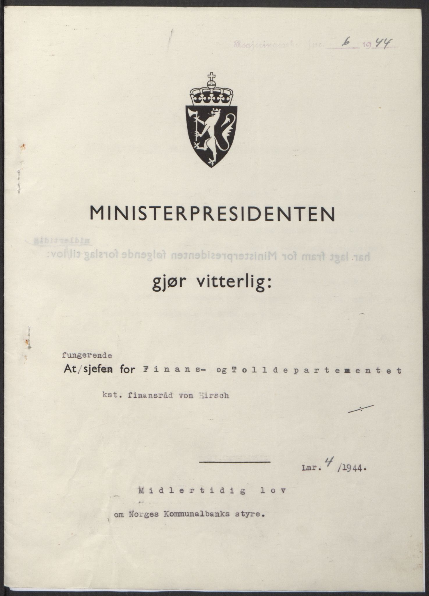 NS-administrasjonen 1940-1945 (Statsrådsekretariatet, de kommisariske statsråder mm), RA/S-4279/D/Db/L0100: Lover, 1944, p. 17