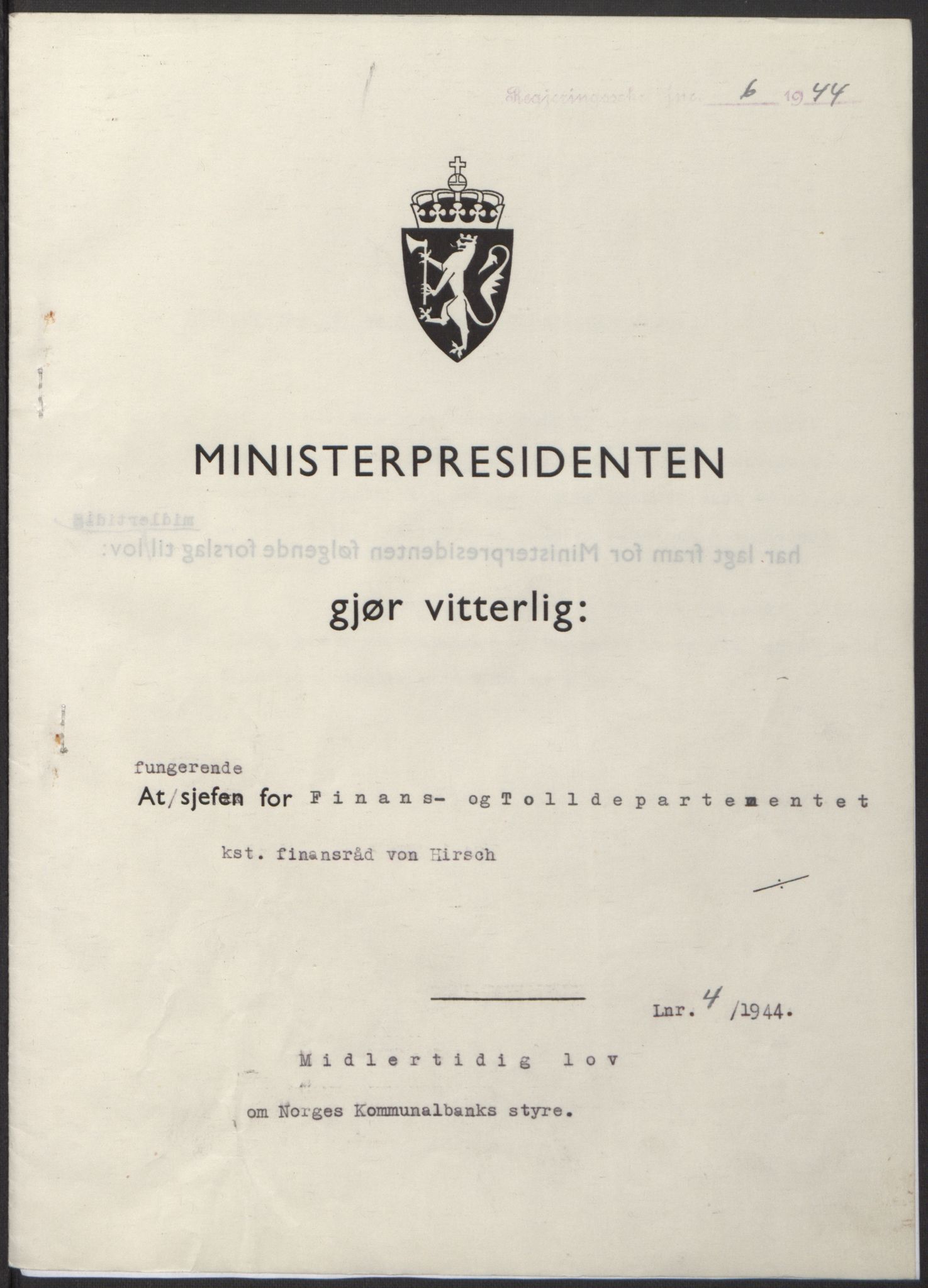 NS-administrasjonen 1940-1945 (Statsrådsekretariatet, de kommisariske statsråder mm), AV/RA-S-4279/D/Db/L0100: Lover, 1944, p. 17