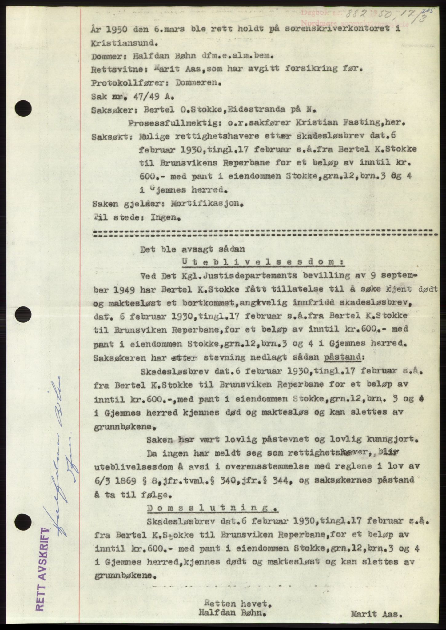 Nordmøre sorenskriveri, AV/SAT-A-4132/1/2/2Ca: Mortgage book no. B104, 1950-1950, Diary no: : 882/1950