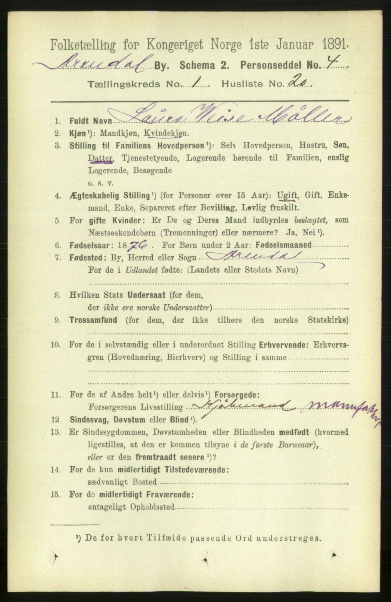 RA, 1891 census for 0903 Arendal, 1891, p. 1202