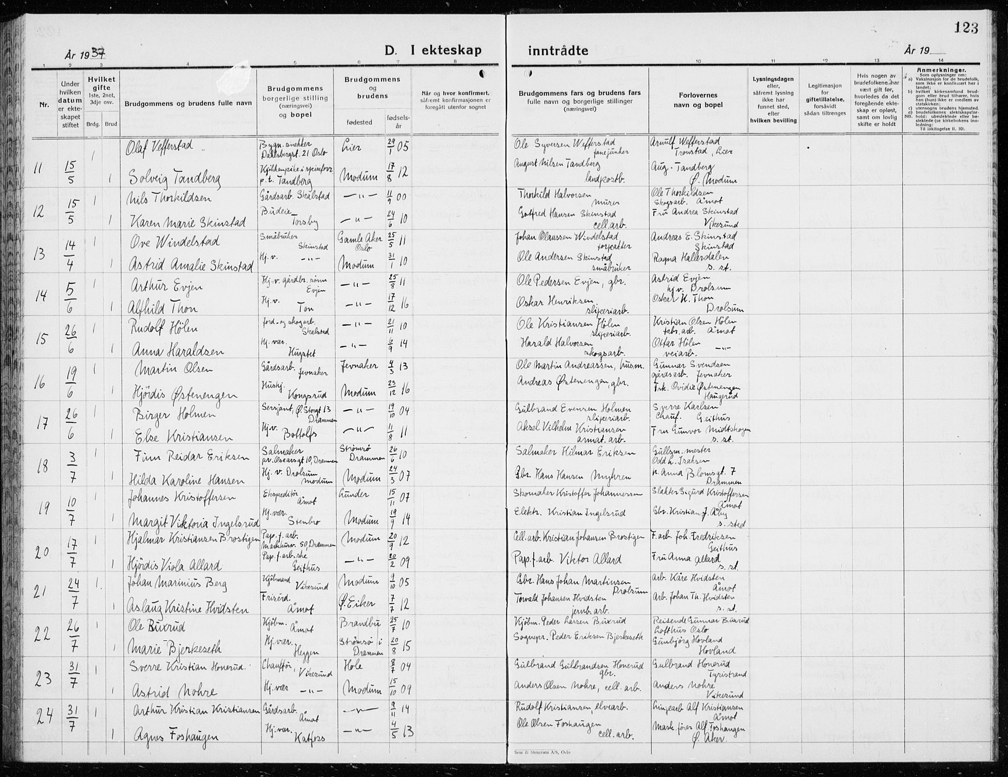 Modum kirkebøker, AV/SAKO-A-234/G/Ga/L0013: Parish register (copy) no. I 13, 1925-1938, p. 123