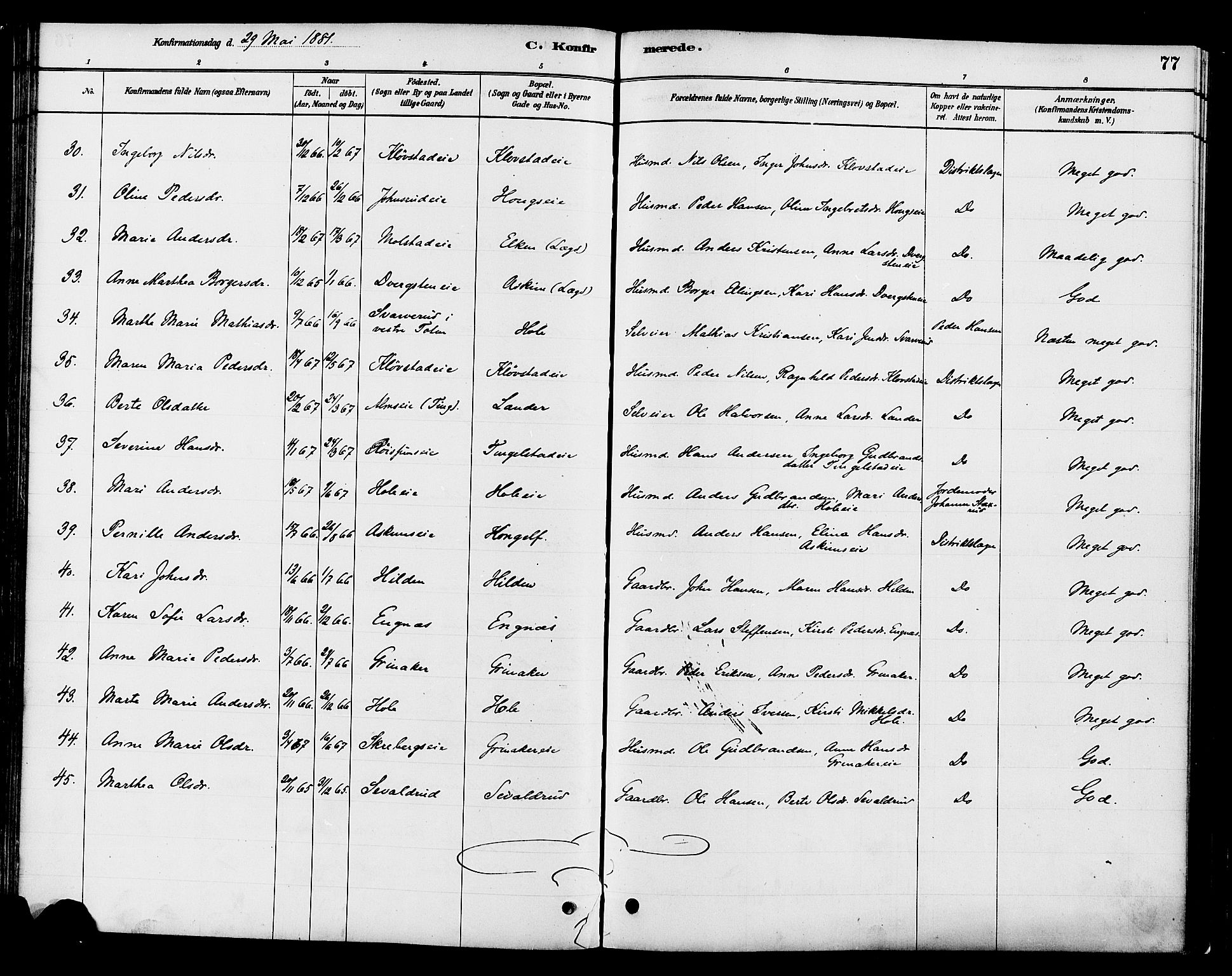 Gran prestekontor, SAH/PREST-112/H/Ha/Haa/L0016: Parish register (official) no. 16, 1880-1888, p. 77