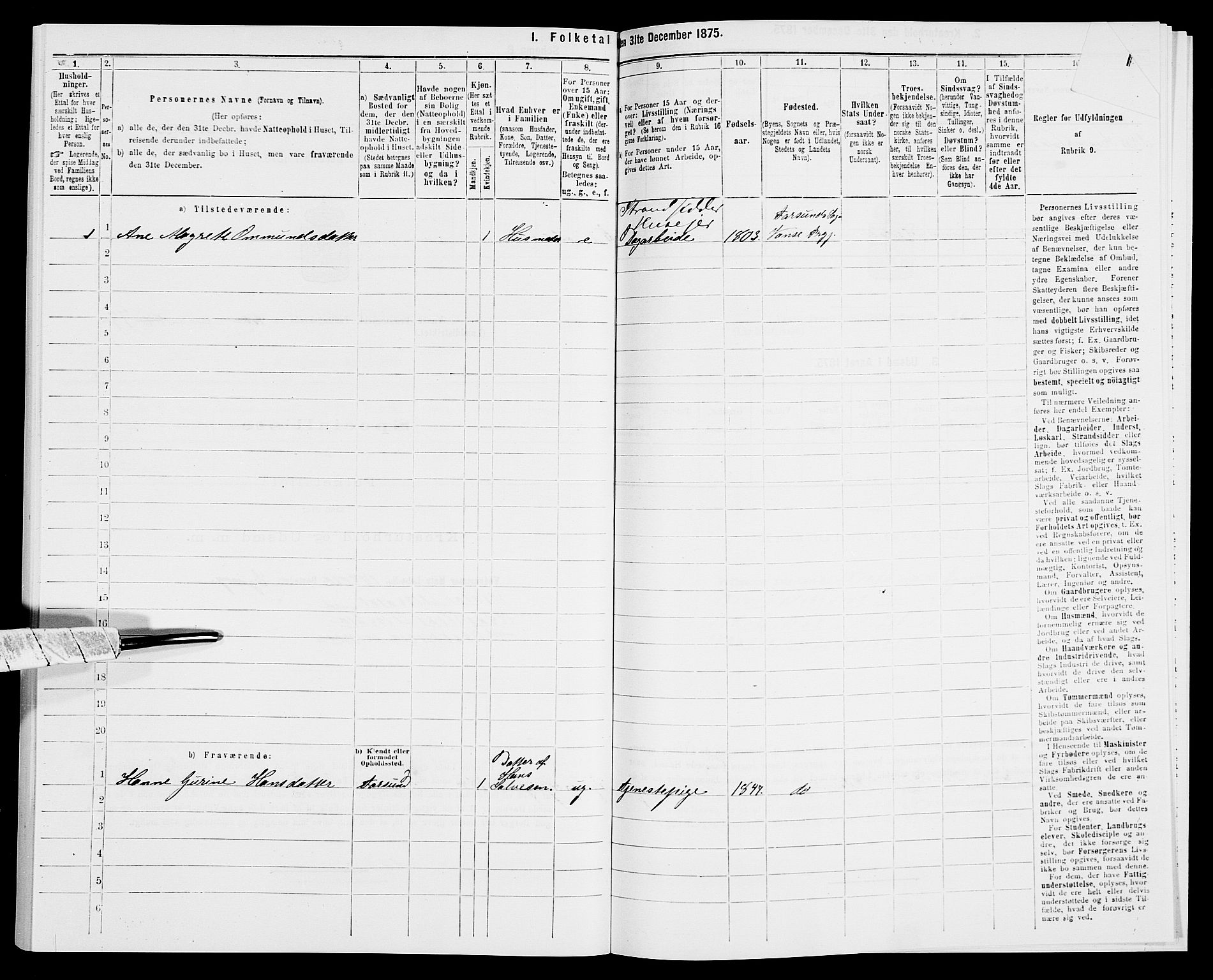 SAK, 1875 census for 1041L Vanse/Vanse og Farsund, 1875, p. 455