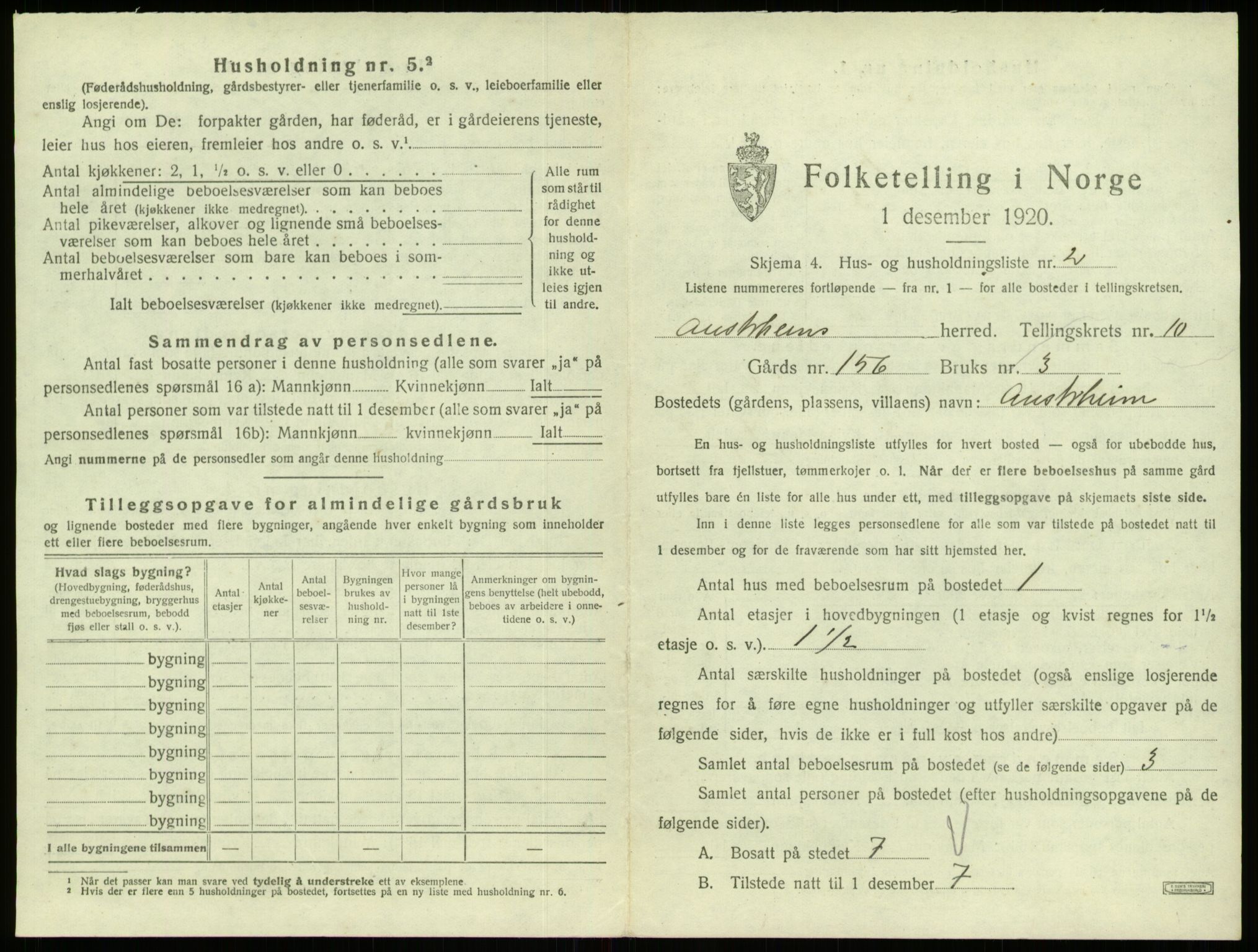 SAB, 1920 census for Austrheim, 1920, p. 466