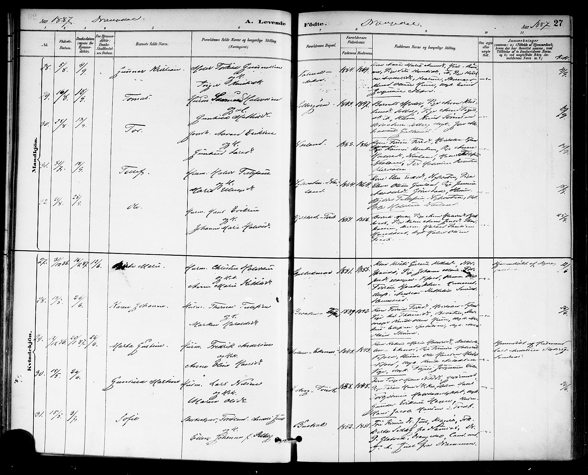 Drangedal kirkebøker, SAKO/A-258/F/Fa/L0010: Parish register (official) no. 10 /1, 1885-1894, p. 27