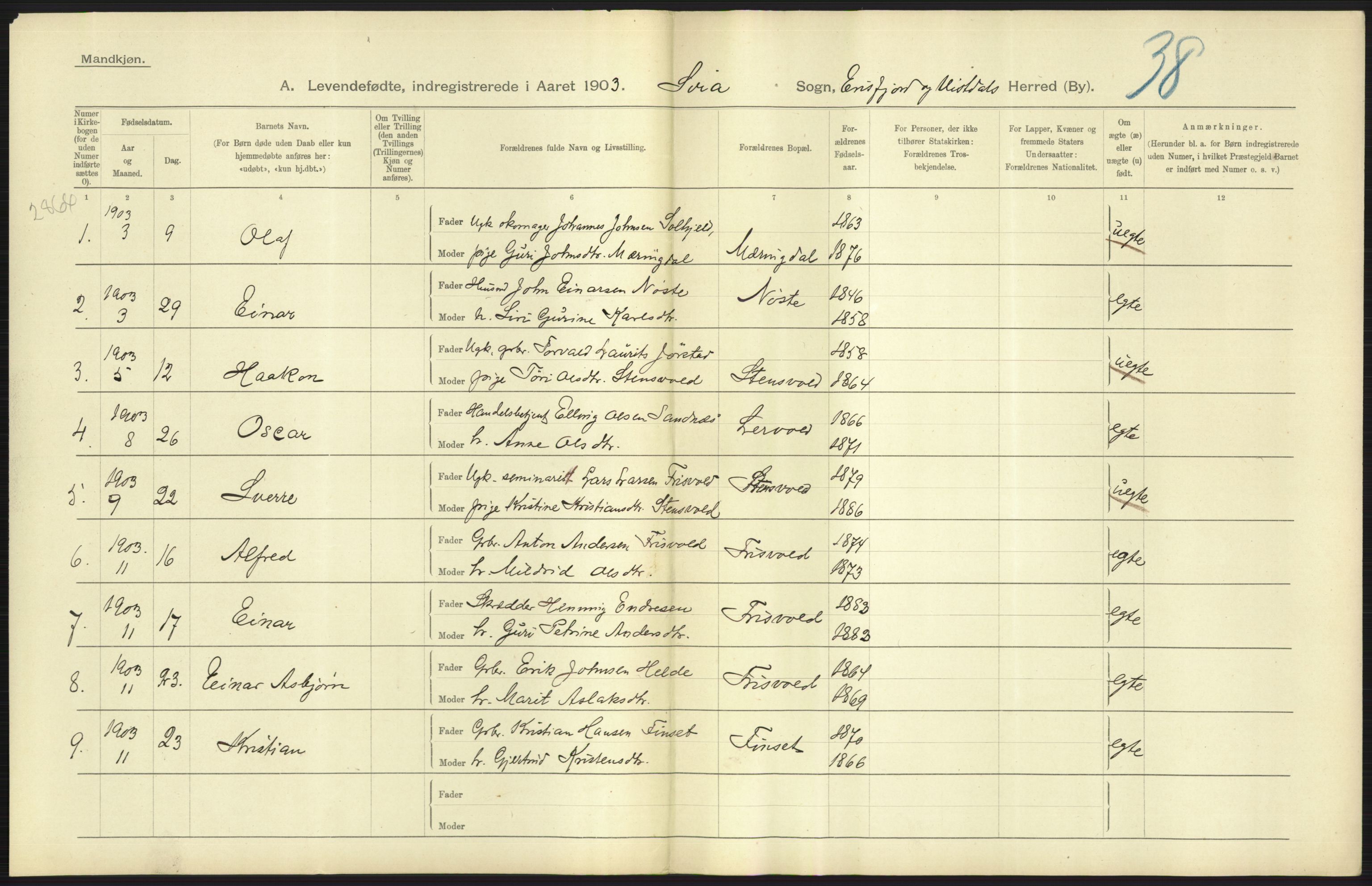 Statistisk sentralbyrå, Sosiodemografiske emner, Befolkning, AV/RA-S-2228/D/Df/Dfa/Dfaa/L0016: Romsdal amt: Fødte, gifte, døde., 1903, p. 69