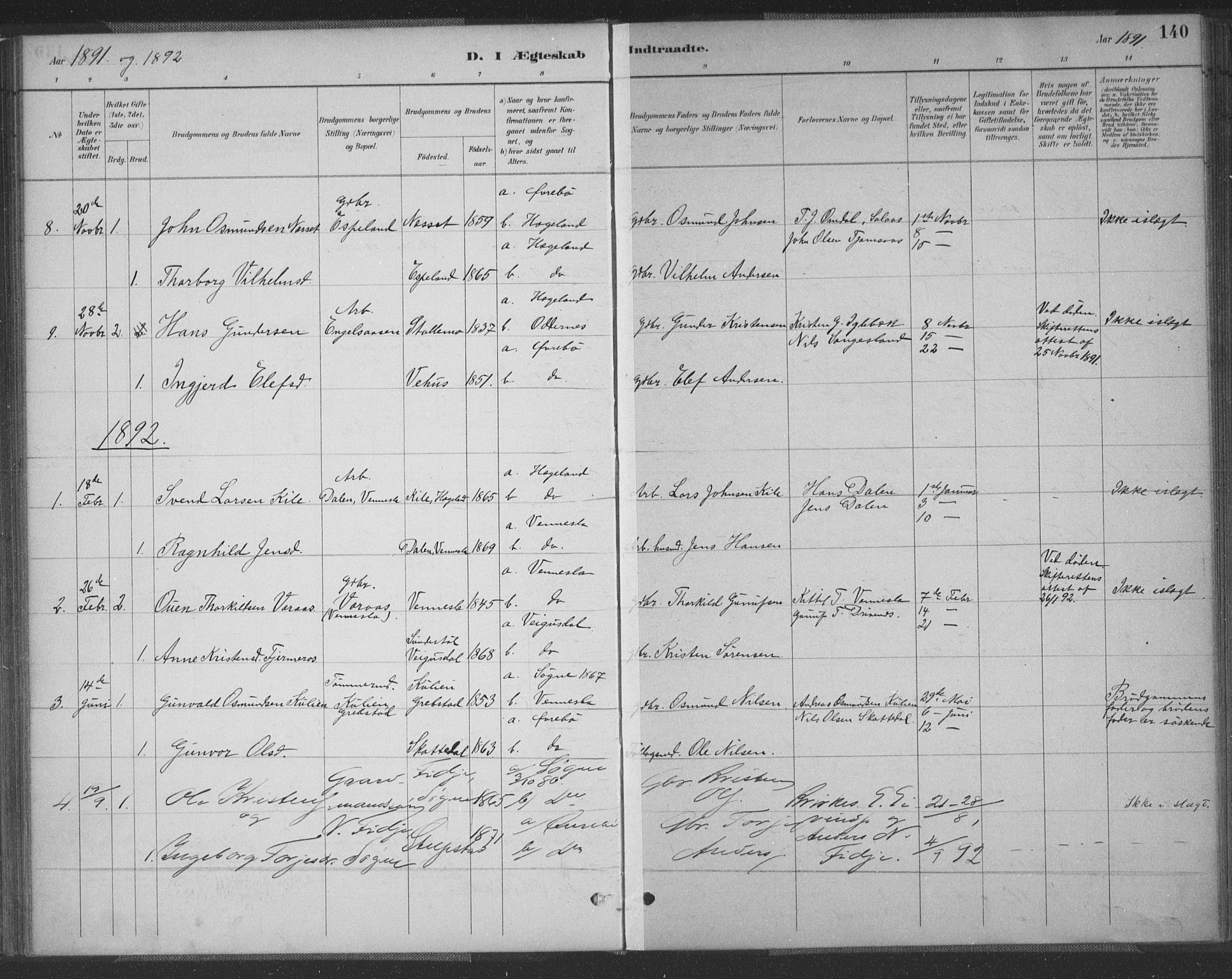 Vennesla sokneprestkontor, AV/SAK-1111-0045/Fa/Fac/L0009: Parish register (official) no. A 9, 1884-1901, p. 140