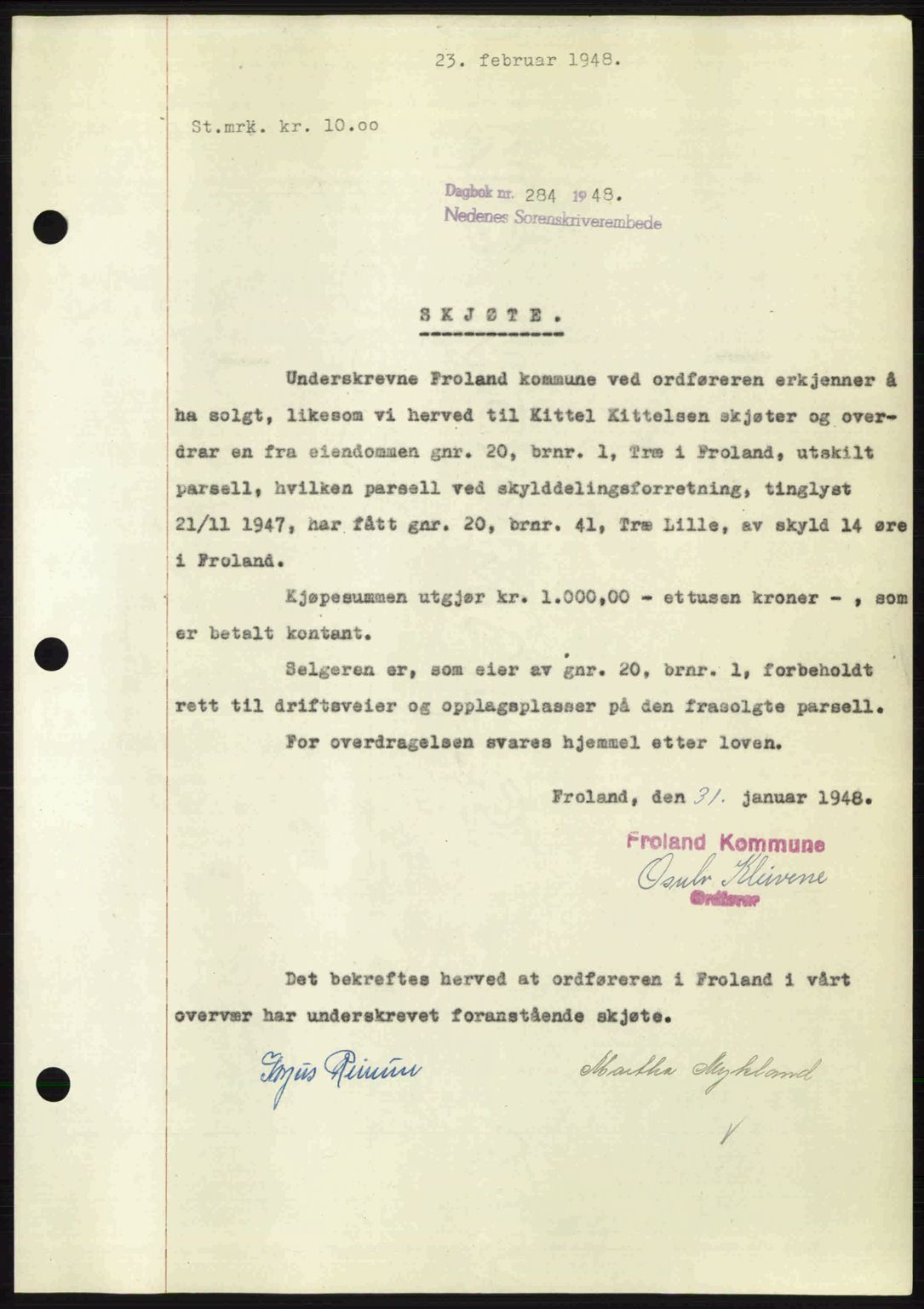 Nedenes sorenskriveri, SAK/1221-0006/G/Gb/Gba/L0058: Mortgage book no. A10, 1947-1948, Diary no: : 284/1948