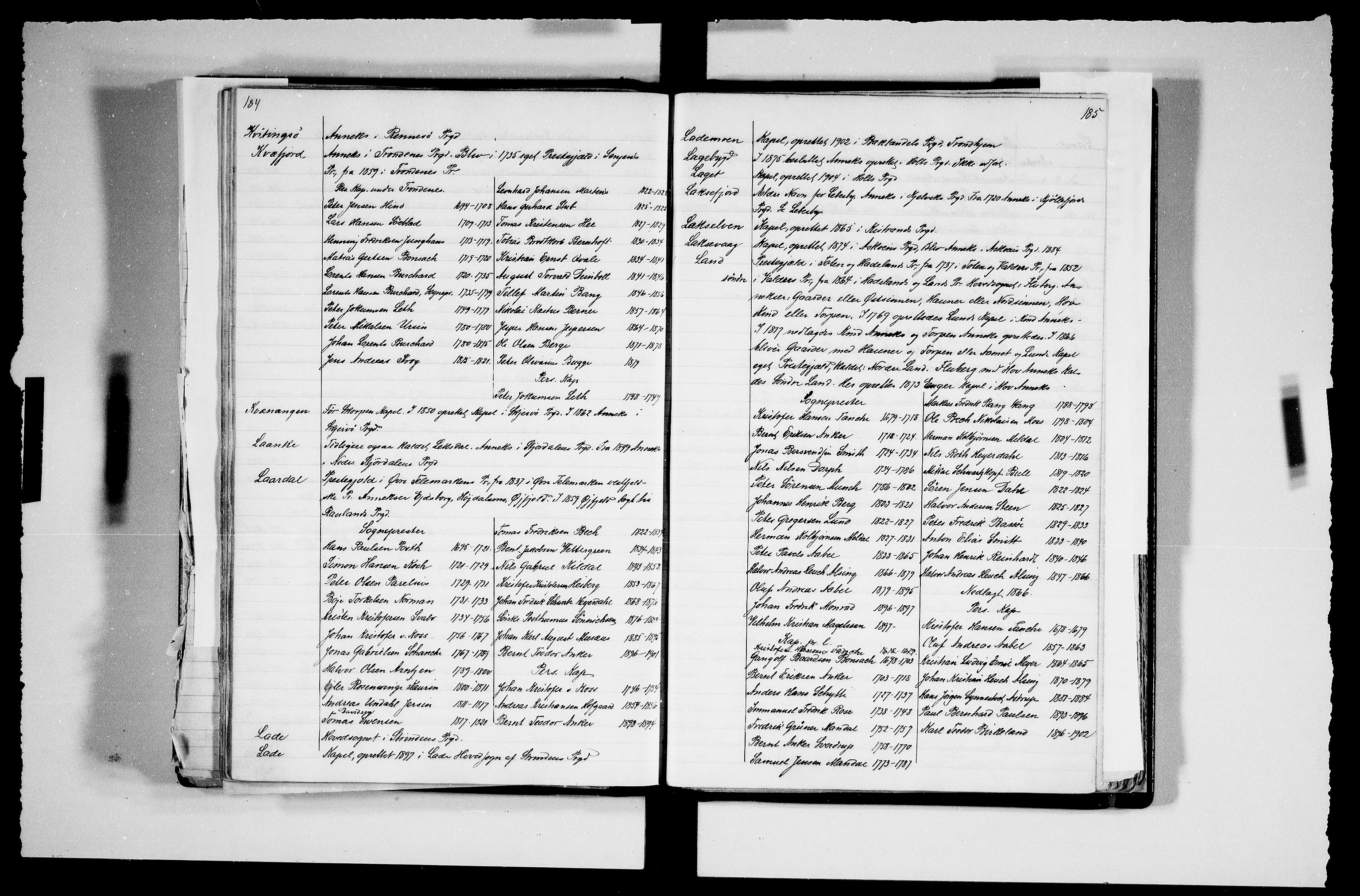 Manuskriptsamlingen, RA/EA-3667/F/L0111a: Schiørn, Fredrik; Den norske kirkes embeter og prester 1700-1900, Embeter, 1700-1900, p. 184-185