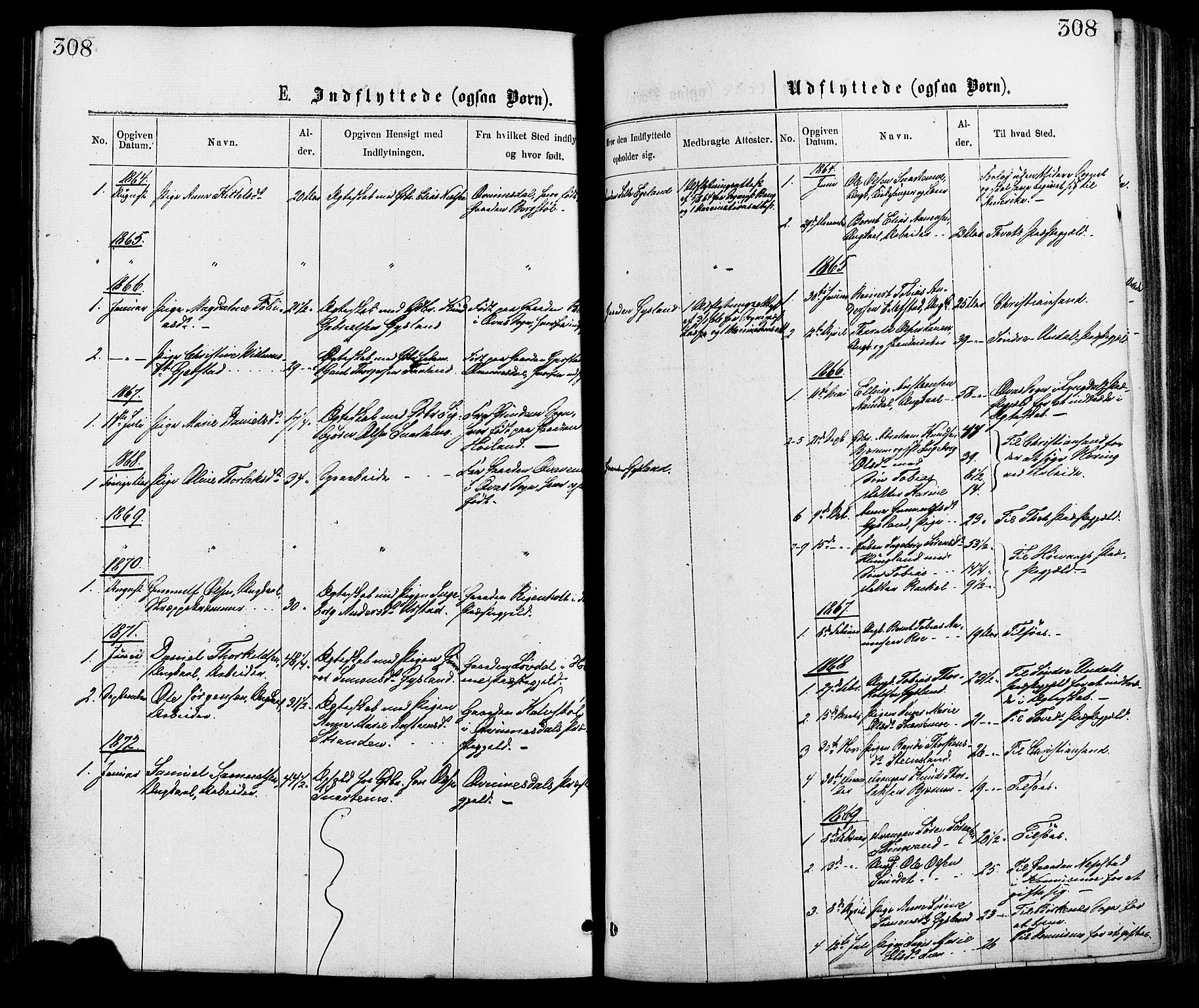 Hægebostad sokneprestkontor, SAK/1111-0024/F/Fa/Faa/L0005: Parish register (official) no. A 5, 1864-1886, p. 308