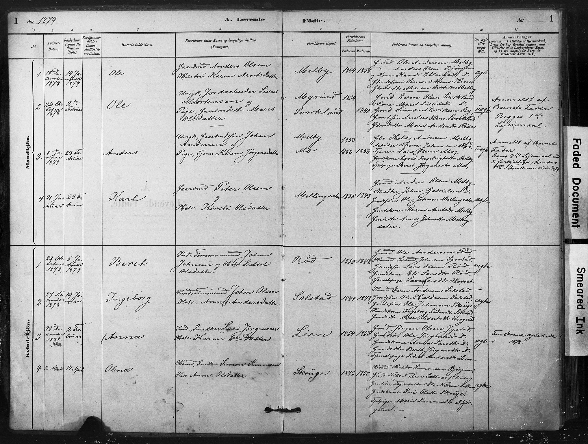 Ministerialprotokoller, klokkerbøker og fødselsregistre - Sør-Trøndelag, SAT/A-1456/667/L0795: Parish register (official) no. 667A03, 1879-1907, p. 1