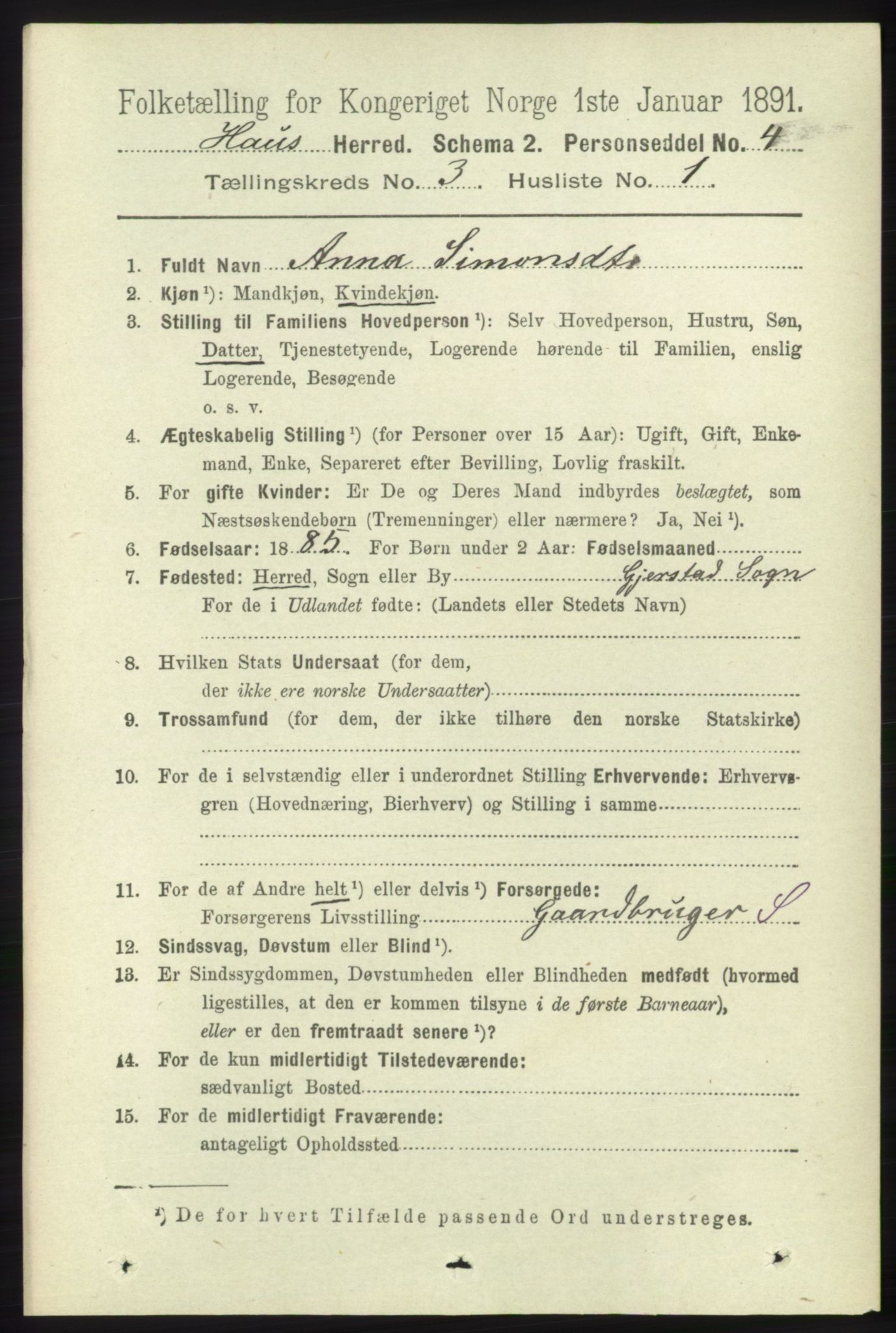 RA, 1891 census for 1250 Haus, 1891, p. 963