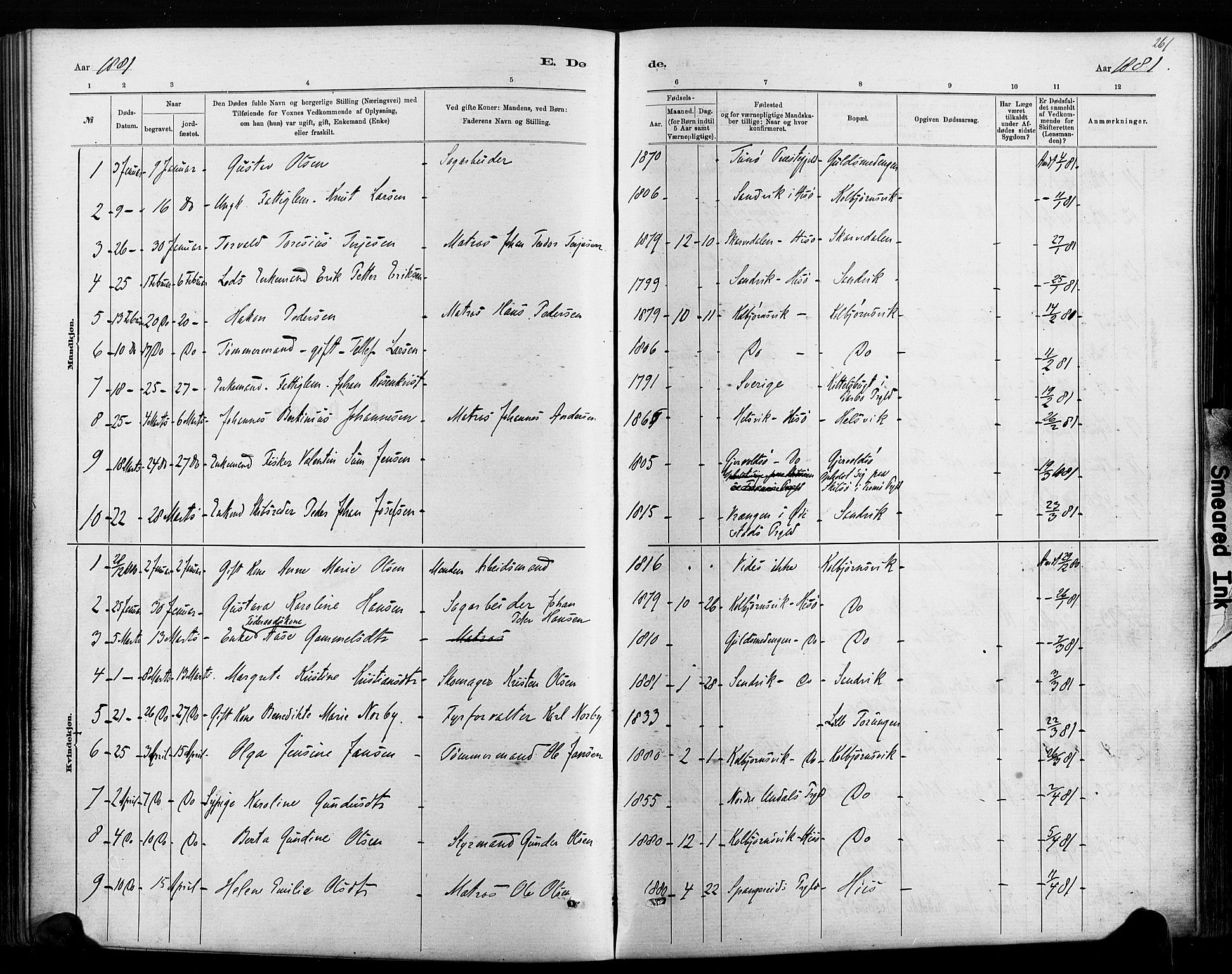 Hisøy sokneprestkontor, AV/SAK-1111-0020/F/Fa/L0003: Parish register (official) no. A 3, 1881-1894, p. 261