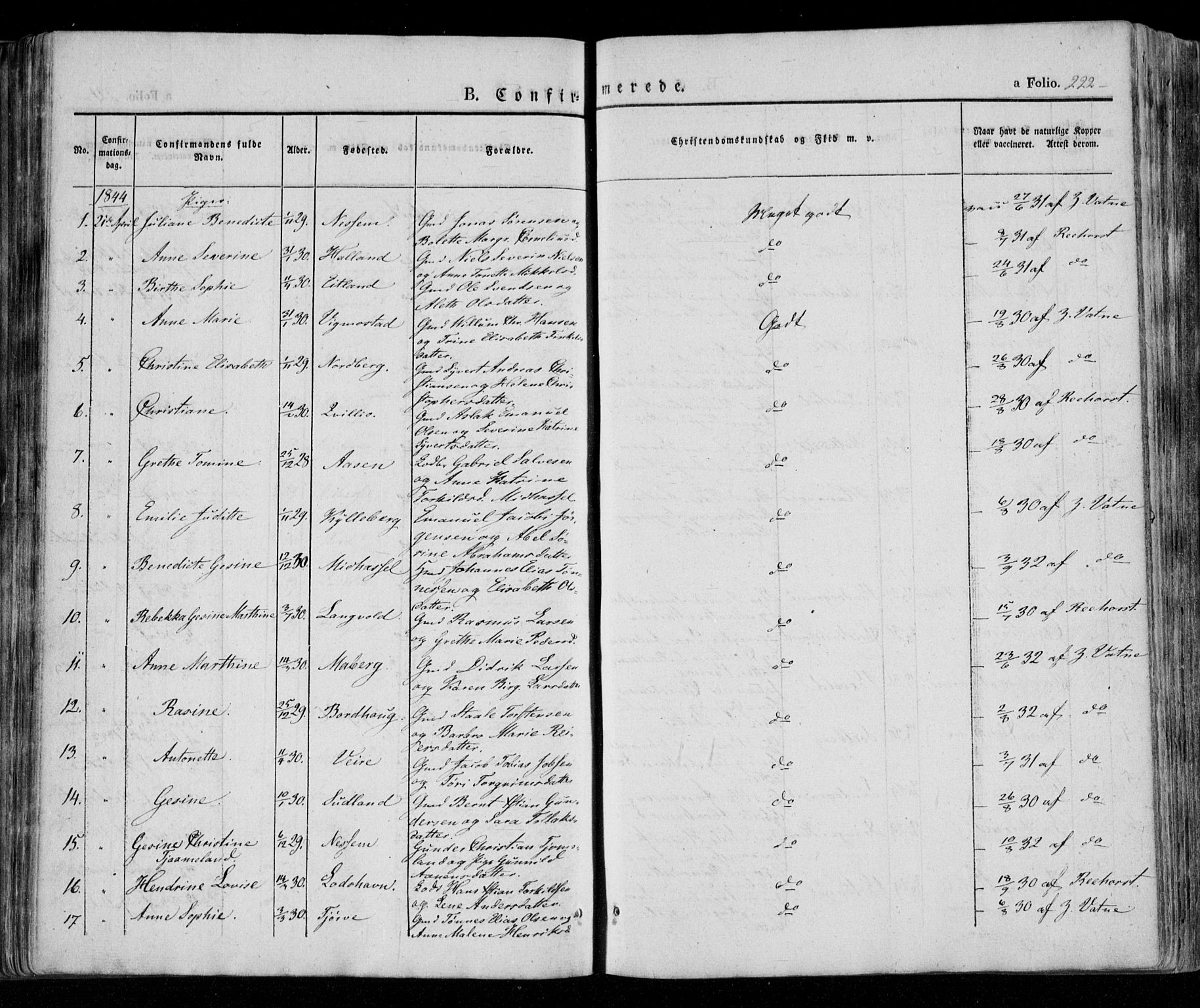 Lista sokneprestkontor, AV/SAK-1111-0027/F/Fa/L0009: Parish register (official) no. A 9, 1835-1846, p. 222