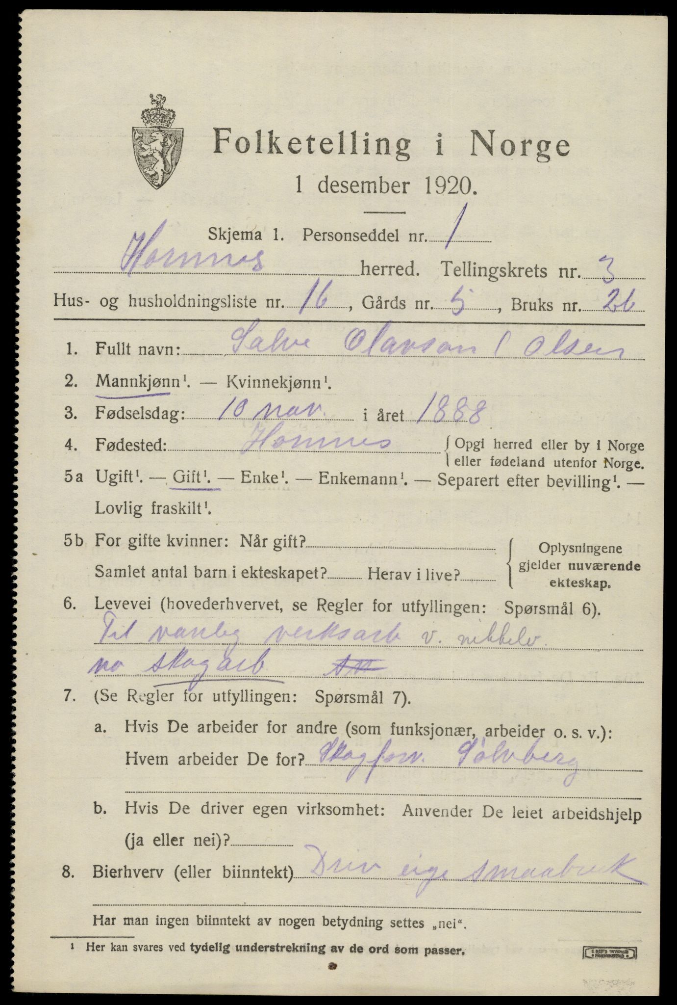 SAK, 1920 census for Hornnes, 1920, p. 997