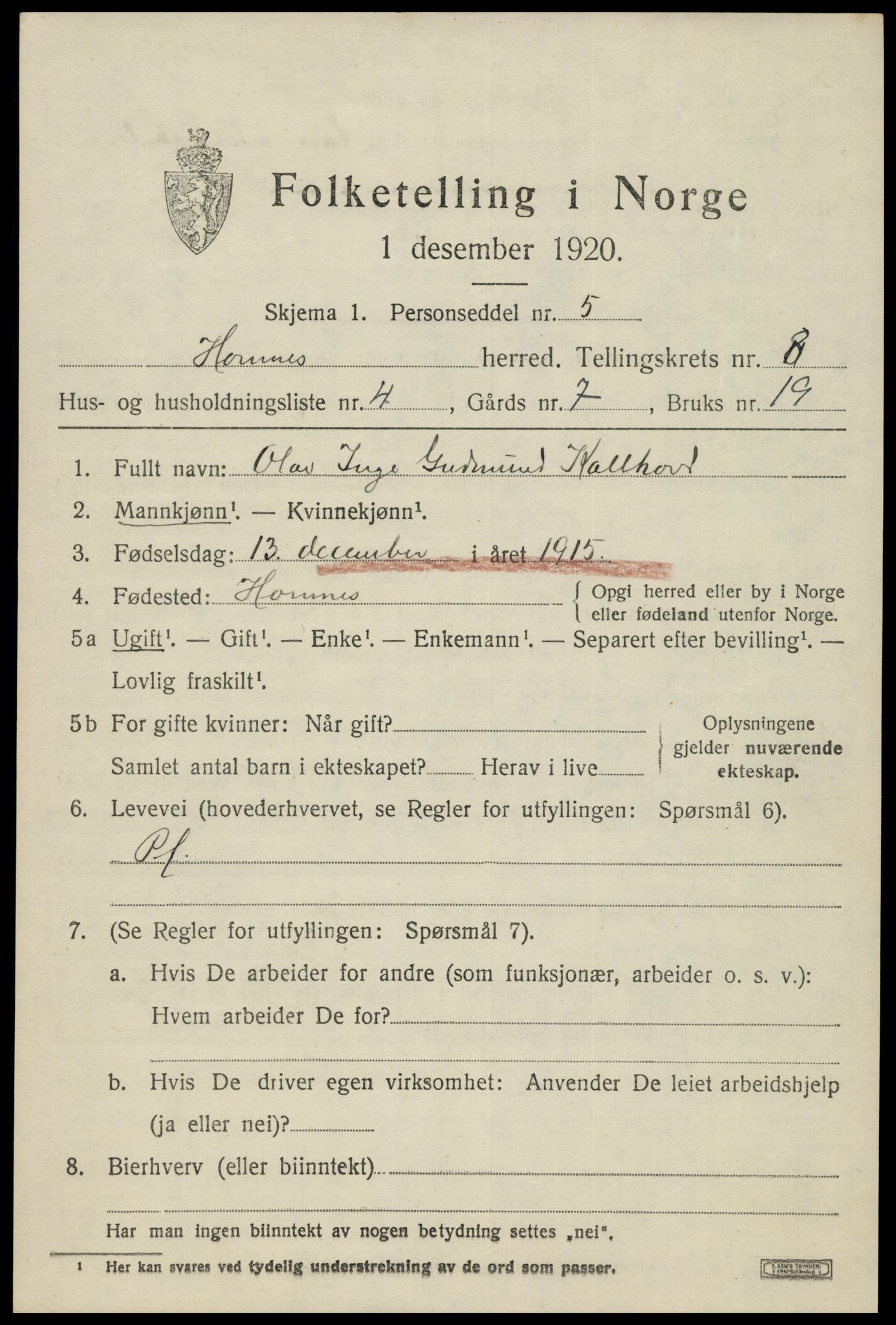 SAK, 1920 census for Hornnes, 1920, p. 1825