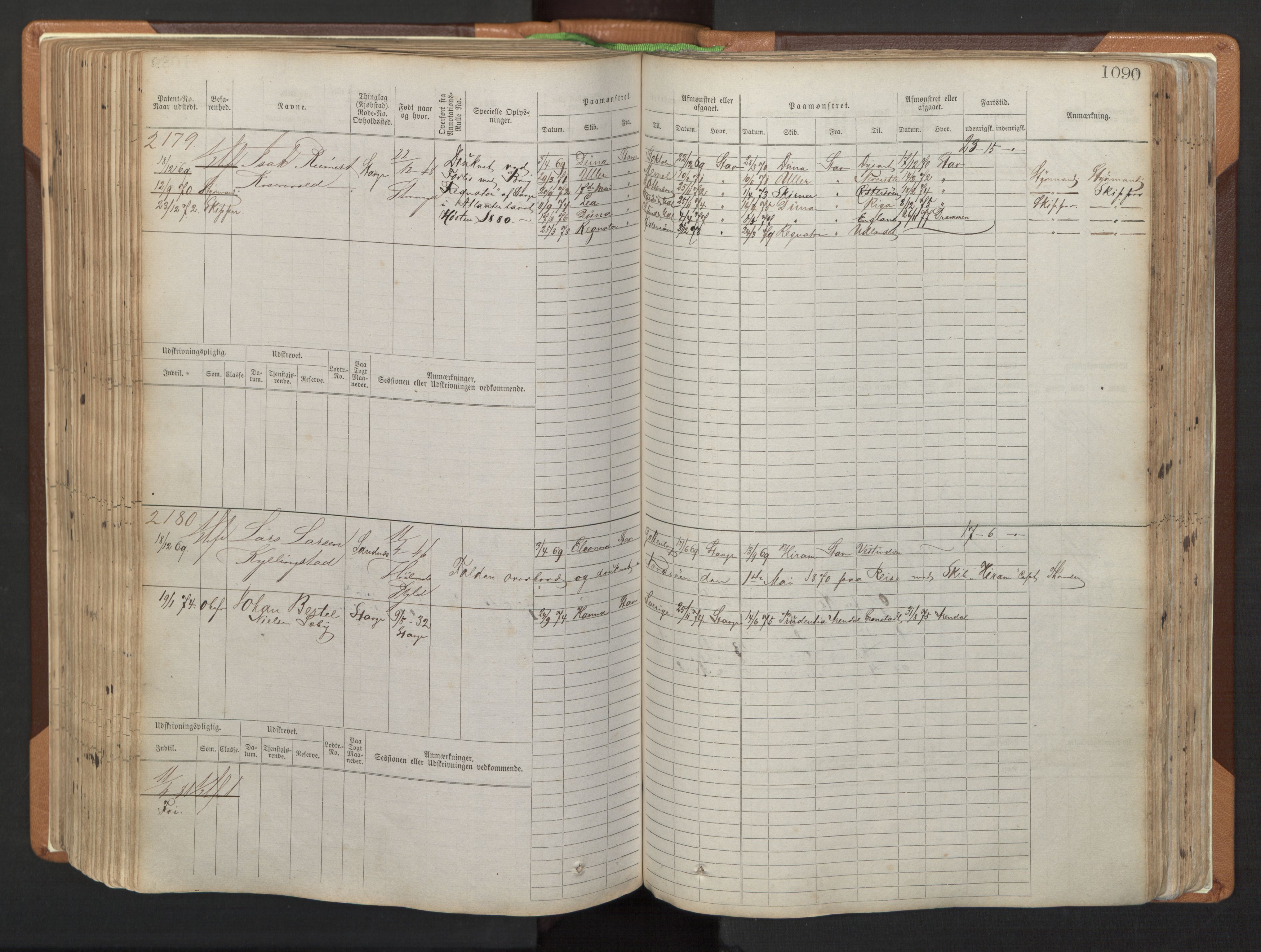 Stavanger sjømannskontor, AV/SAST-A-102006/F/Fb/Fbb/L0006: Sjøfartshovedrulle, patentnr. 1607-2402 (del 3), 1869-1880, p. 290