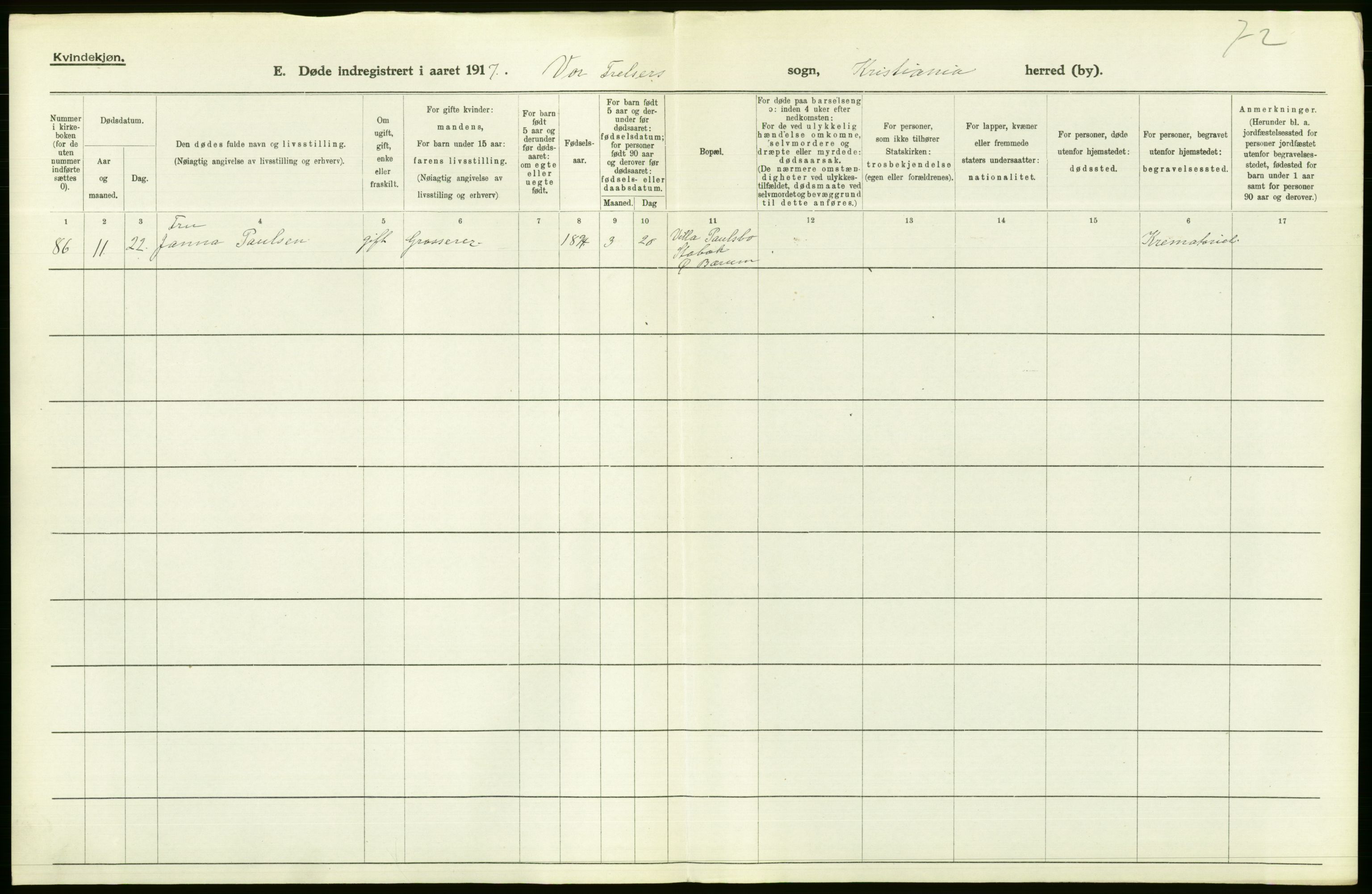 Statistisk sentralbyrå, Sosiodemografiske emner, Befolkning, AV/RA-S-2228/D/Df/Dfb/Dfbg/L0010: Kristiania: Døde, 1917, p. 84