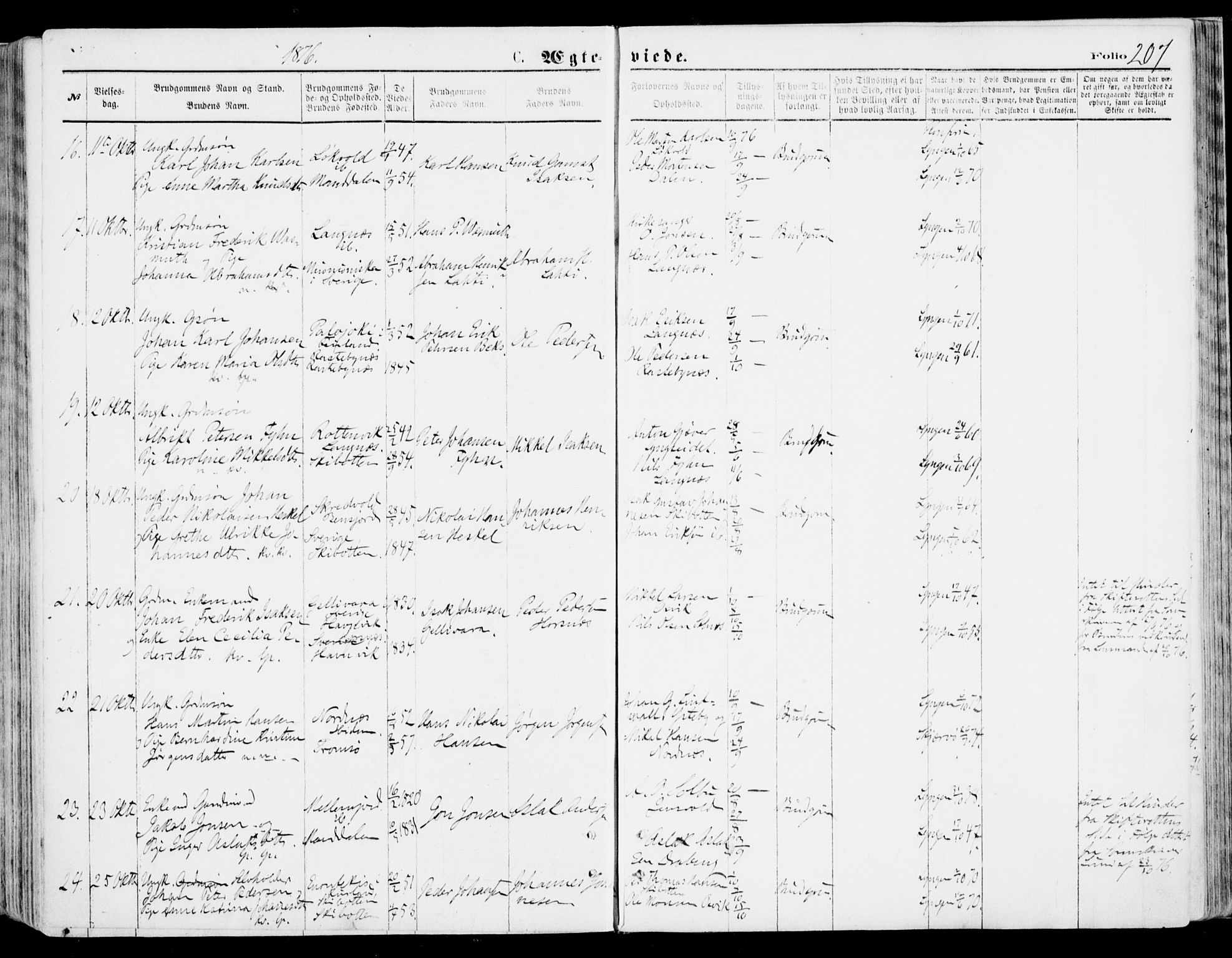 Lyngen sokneprestembete, AV/SATØ-S-1289/H/He/Hea/L0006kirke: Parish register (official) no. 6, 1870-1878, p. 207