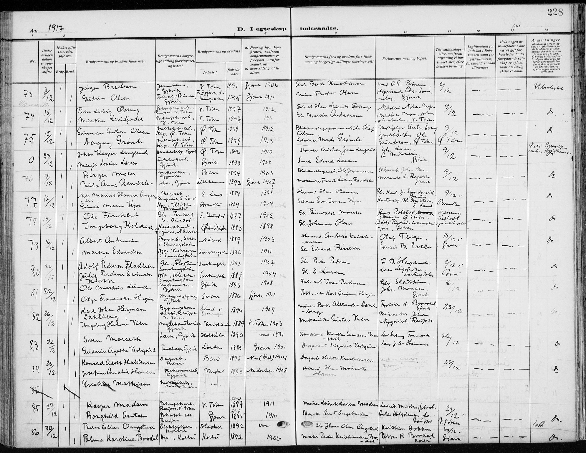 Vardal prestekontor, SAH/PREST-100/H/Ha/Haa/L0014: Parish register (official) no. 14, 1912-1922, p. 228