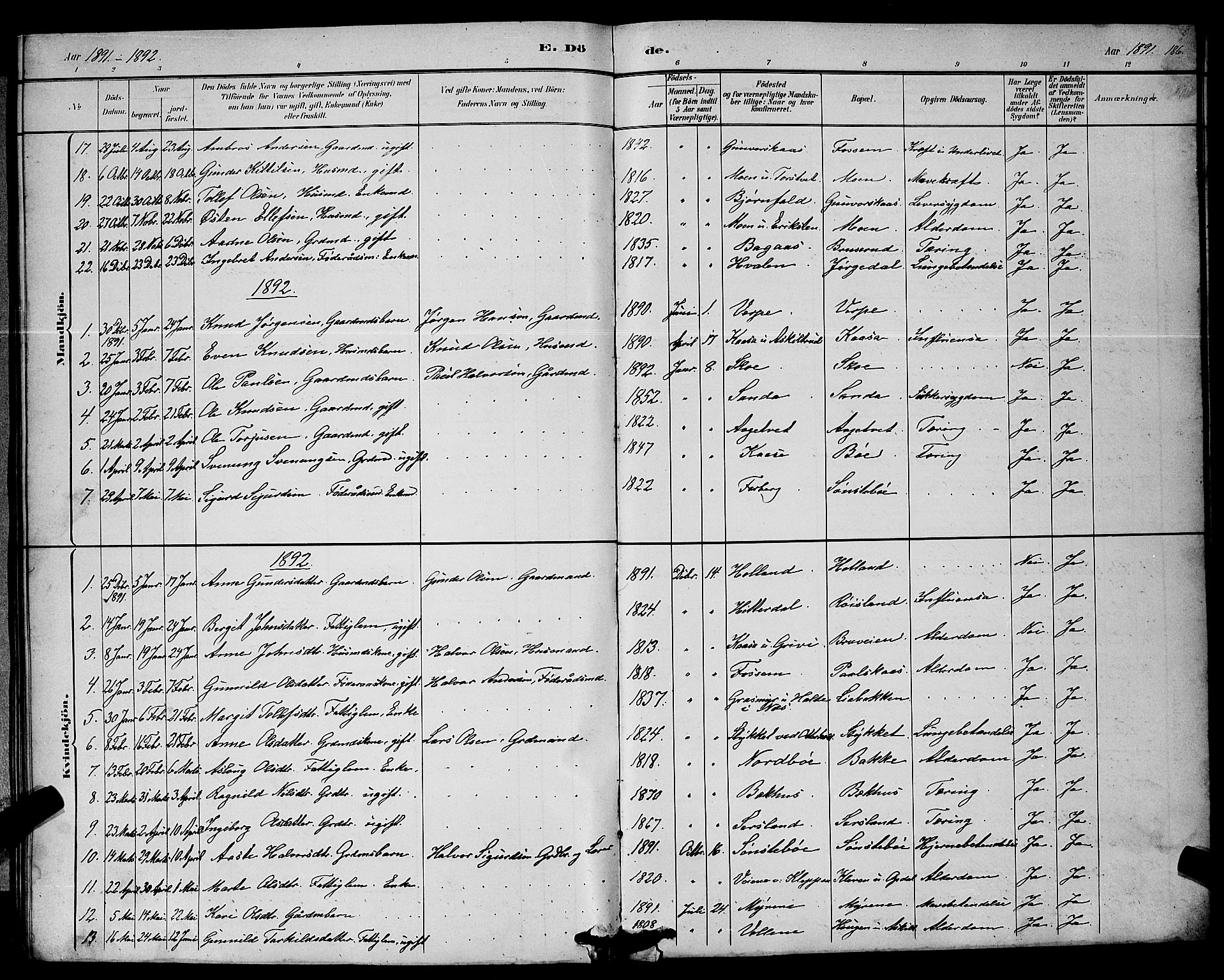 Bø kirkebøker, SAKO/A-257/G/Ga/L0005: Parish register (copy) no. 5, 1883-1897, p. 186