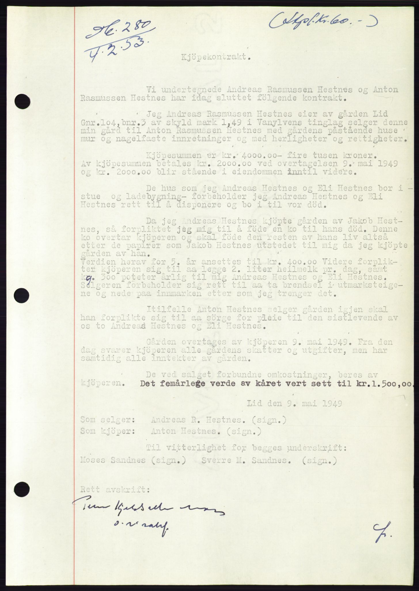 Søre Sunnmøre sorenskriveri, AV/SAT-A-4122/1/2/2C/L0094: Mortgage book no. 20A, 1953-1953, Diary no: : 280/1953