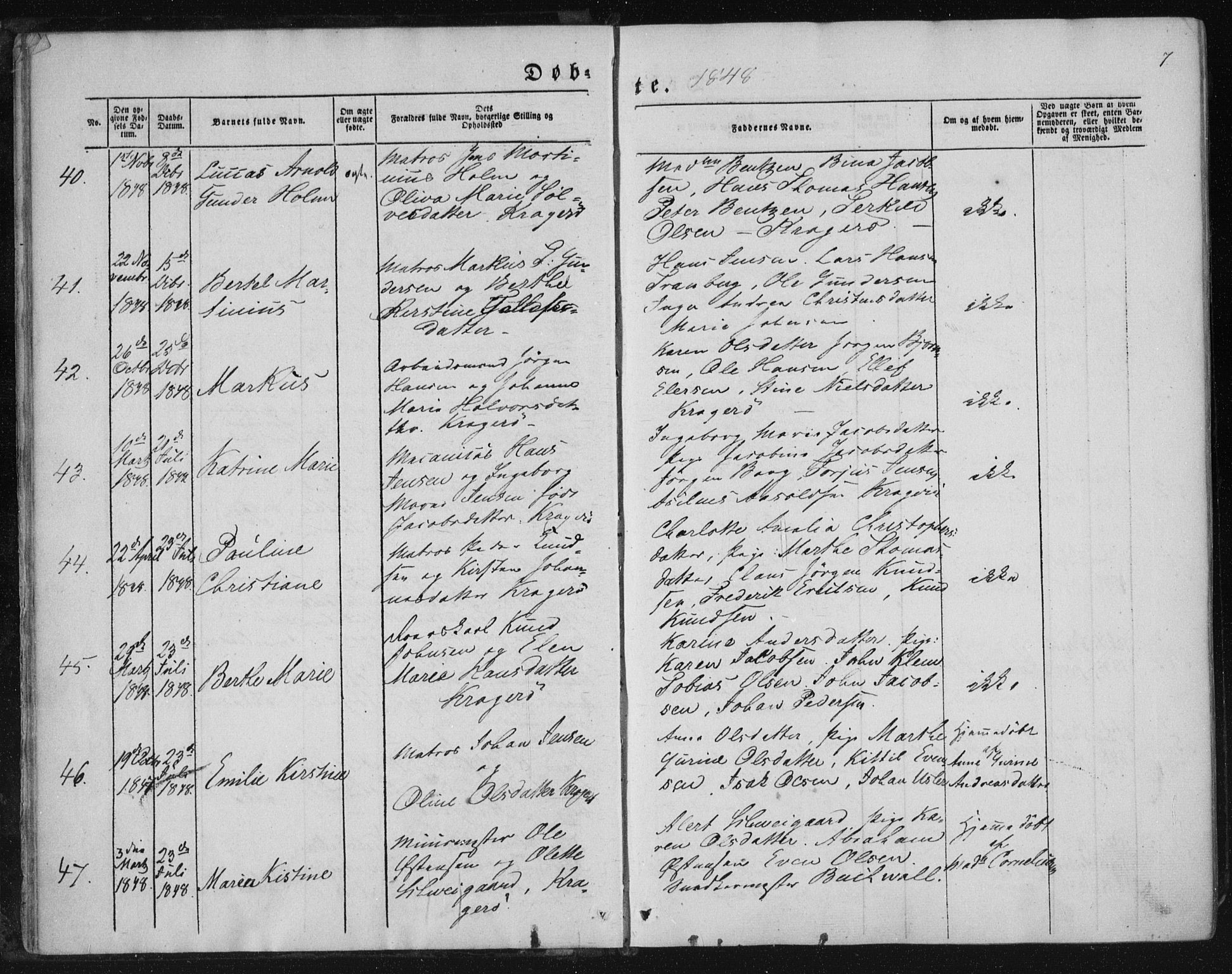 Kragerø kirkebøker, AV/SAKO-A-278/F/Fa/L0006: Parish register (official) no. 6, 1847-1861, p. 7