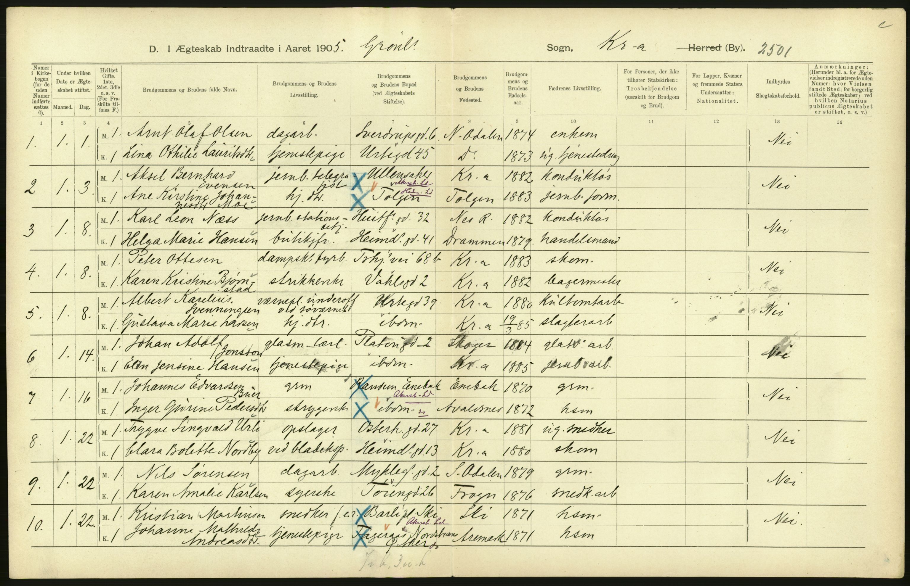 Statistisk sentralbyrå, Sosiodemografiske emner, Befolkning, AV/RA-S-2228/D/Df/Dfa/Dfac/L0007b: Kristiania: Gifte, 1905, p. 340