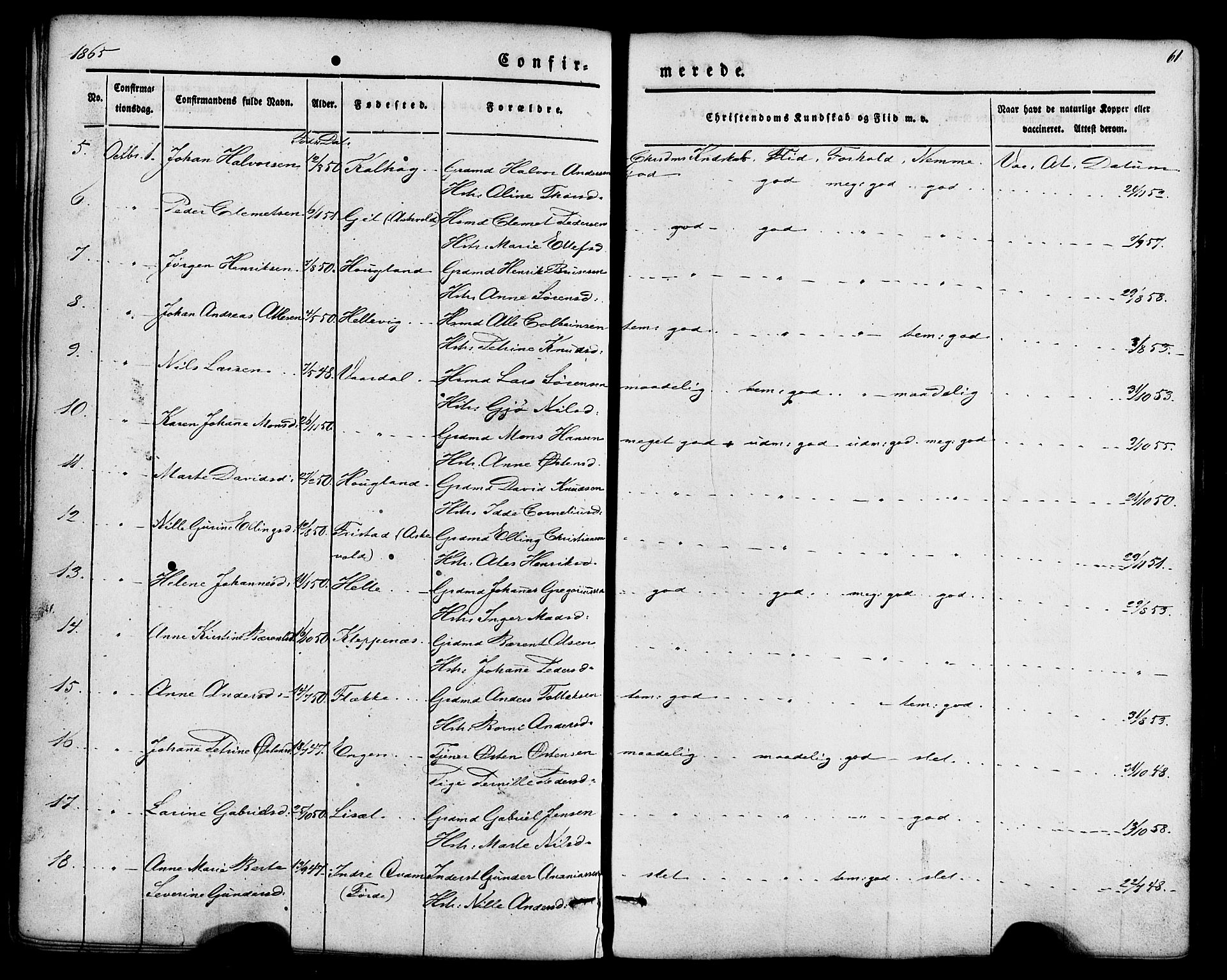 Fjaler sokneprestembete, SAB/A-79801/H/Haa/Haaa/L0008: Parish register (official) no. A 8, 1850-1886, p. 61