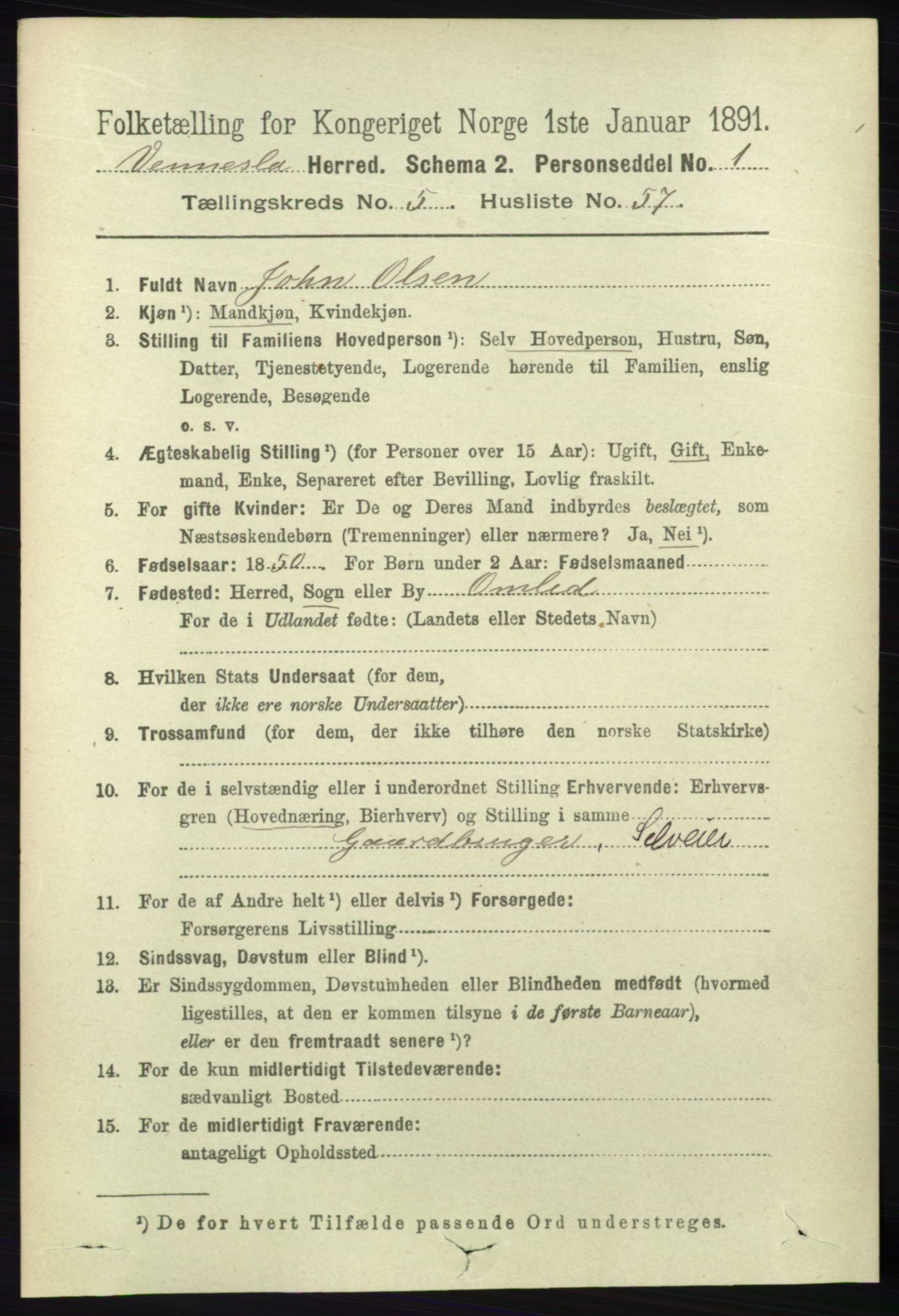 RA, 1891 census for 1014 Vennesla, 1891, p. 1546