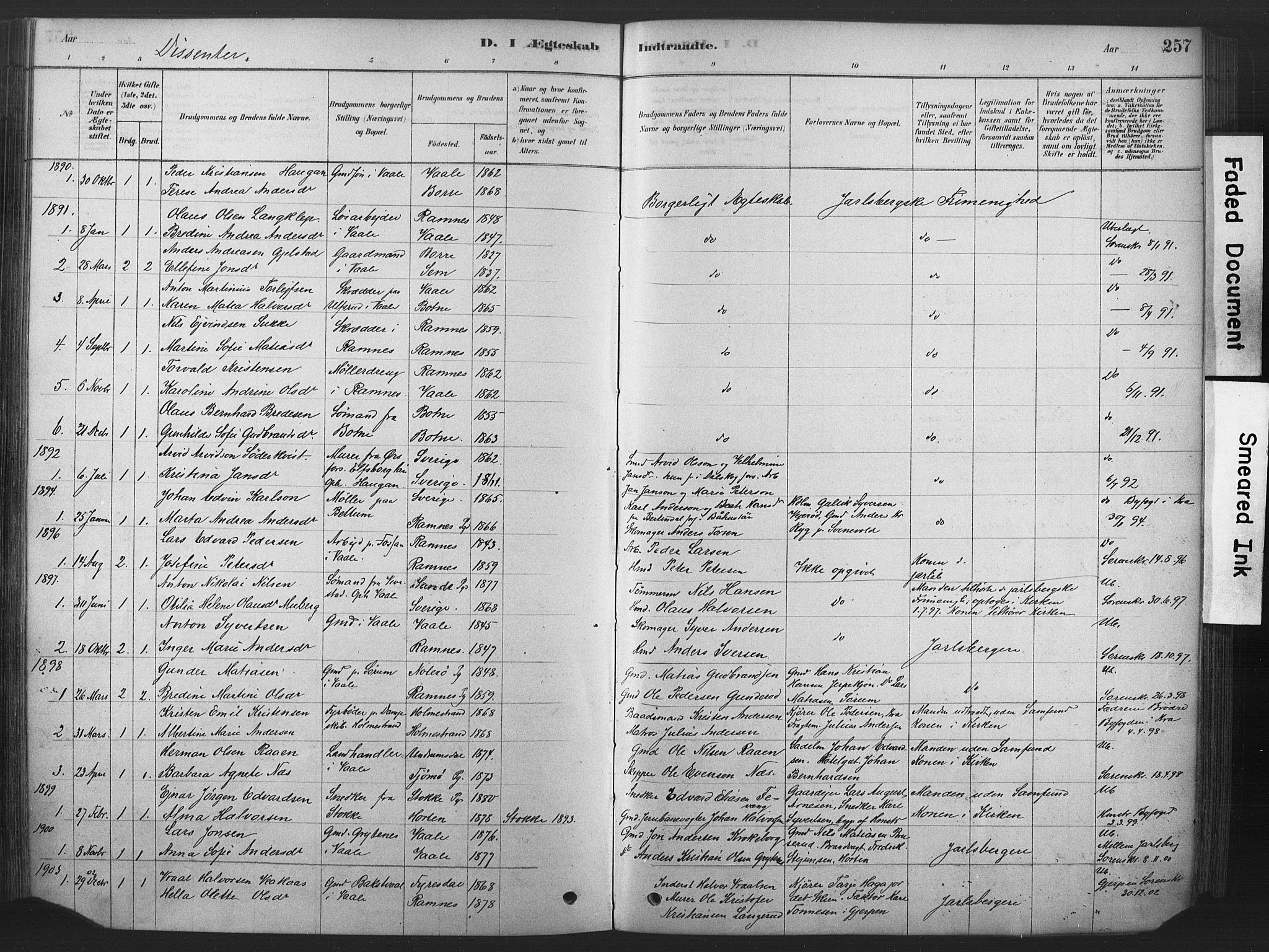 Våle kirkebøker, SAKO/A-334/F/Fa/L0011: Parish register (official) no. I 11, 1878-1906, p. 257